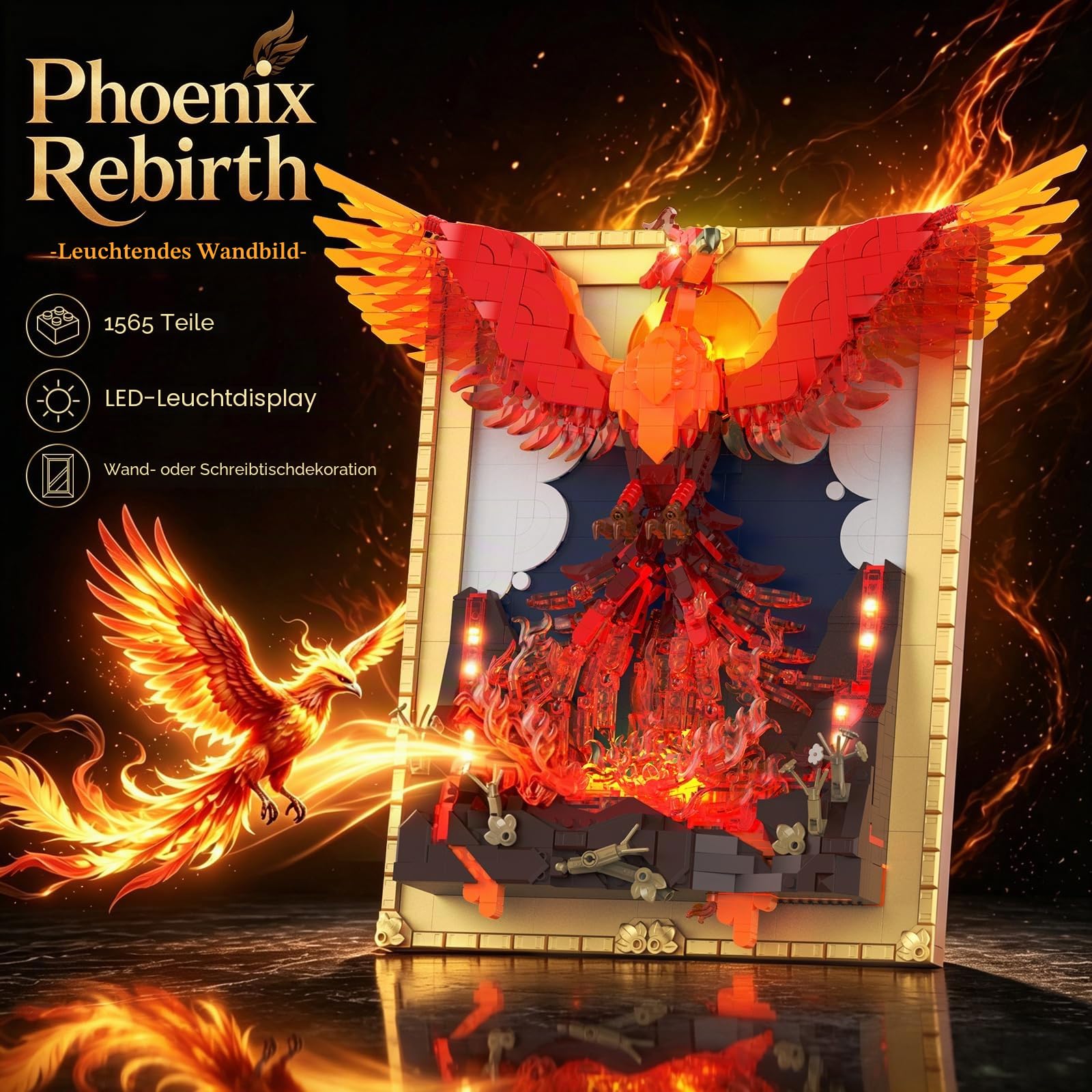 JMBricklayer Phoenix Art Klemmbausteine Erwachsene mit Licht, 3D Nirvana Wanddeko Tisch Display Modell mit Ständer, 70017 Bilderrahmen Wandkunst Zuhause Büro, Bauset Geschenk für Jugendliche 14+