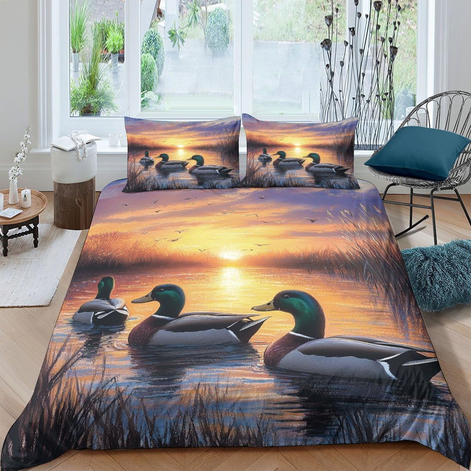 Ctjqhvkz Style-5 3D Printed Sunset Lake Fitted Sheet Microfiber Soft Duck Pattern Mattress Cover For Bedroom Dorm Decor Easy Care Single（135X200cm）