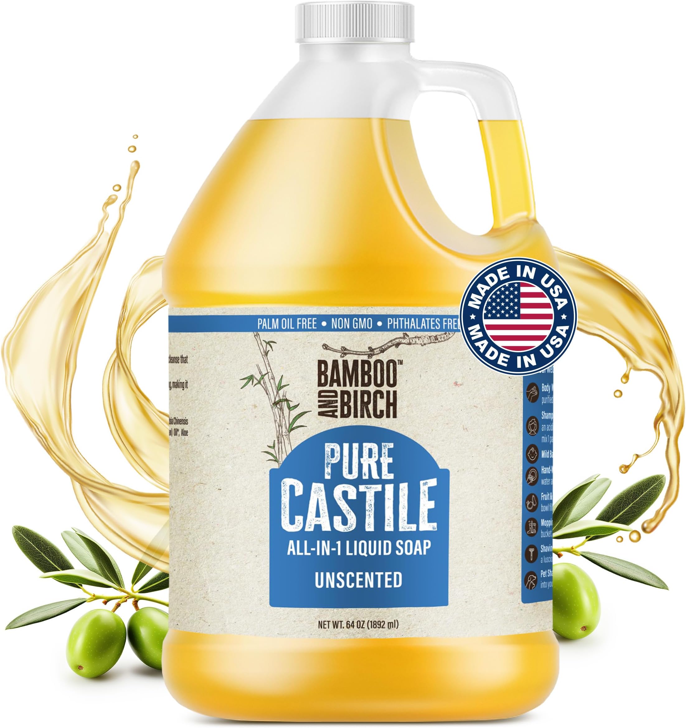 Pure Castile Soap Liquid, Certified Palm Oil Free Natural Soap, Unscented, 64 oz