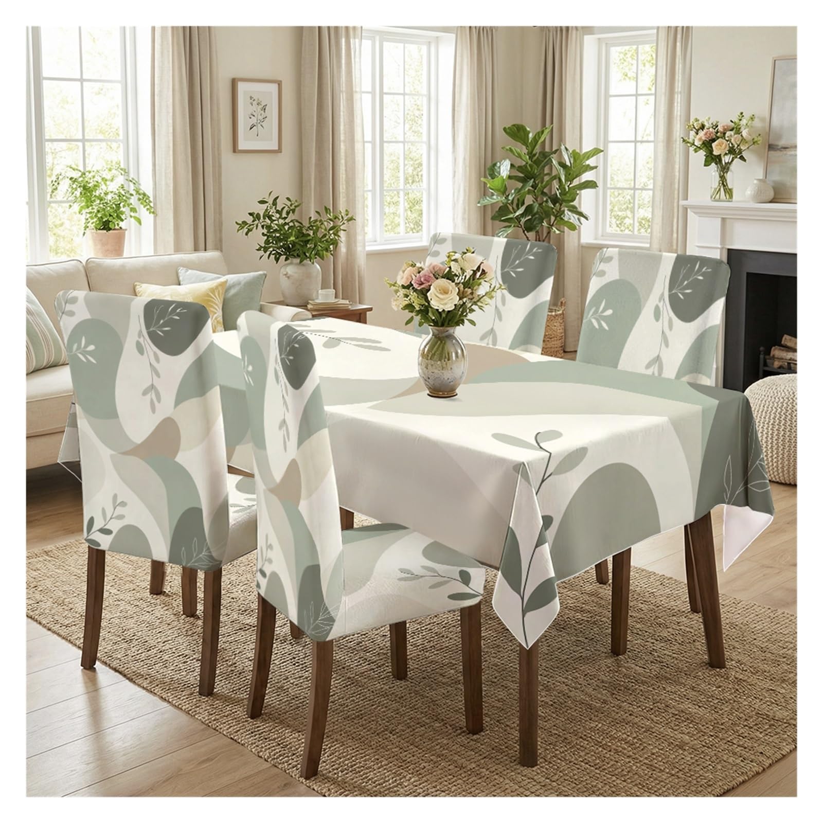 KXUAUV Sage Green Geometric Leaf Print Dining Tablecloth & Chair Covers Set, 5/7 Pack Stretch Fabric For Dining Room Kitchen Party Decor(5pcs Set: Tablecloth+Chair Covers)