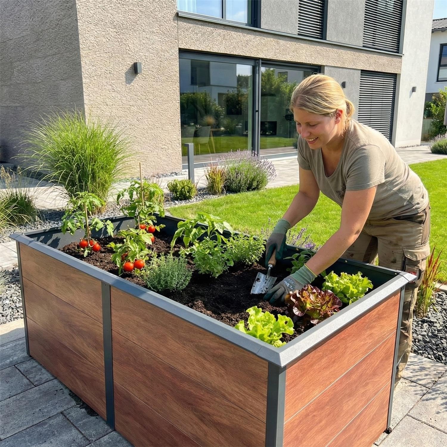 Metzler Jardinière surélevée pour le jardin – Acier en imitation bois | Avec protection intégrée contre les limaces | Jardinière de jardin en métal résistant aux intempéries, bac à plantes, jardinière