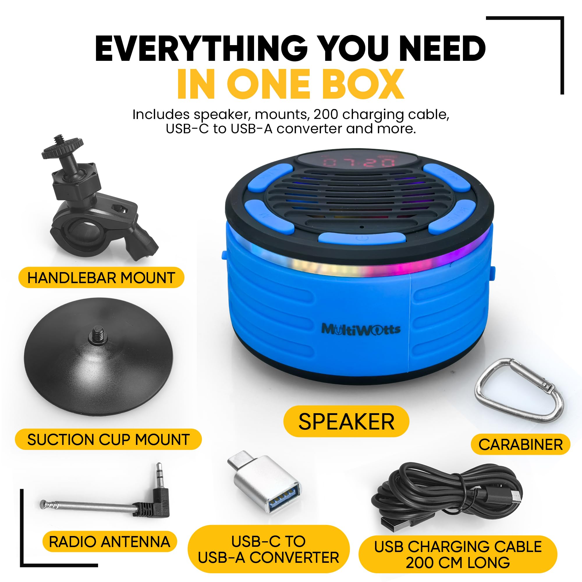 Altoparlante Bluetooth portatile impermeabile con aspirazione, moschettone, supporto per bici, cavo da 2 m, luci LED, TWS, orologio Digi, IP67, 12 ore di riproduzione, suono stereo, doccia