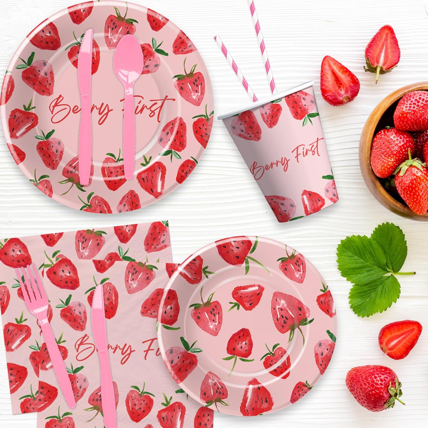 Strawberry Berry First Birthday Party Supplies - Strawberry 1st Birthday Party Decorations Tableware, Plate, Cup, Napkin, Fork, Serve 24 - Image 3