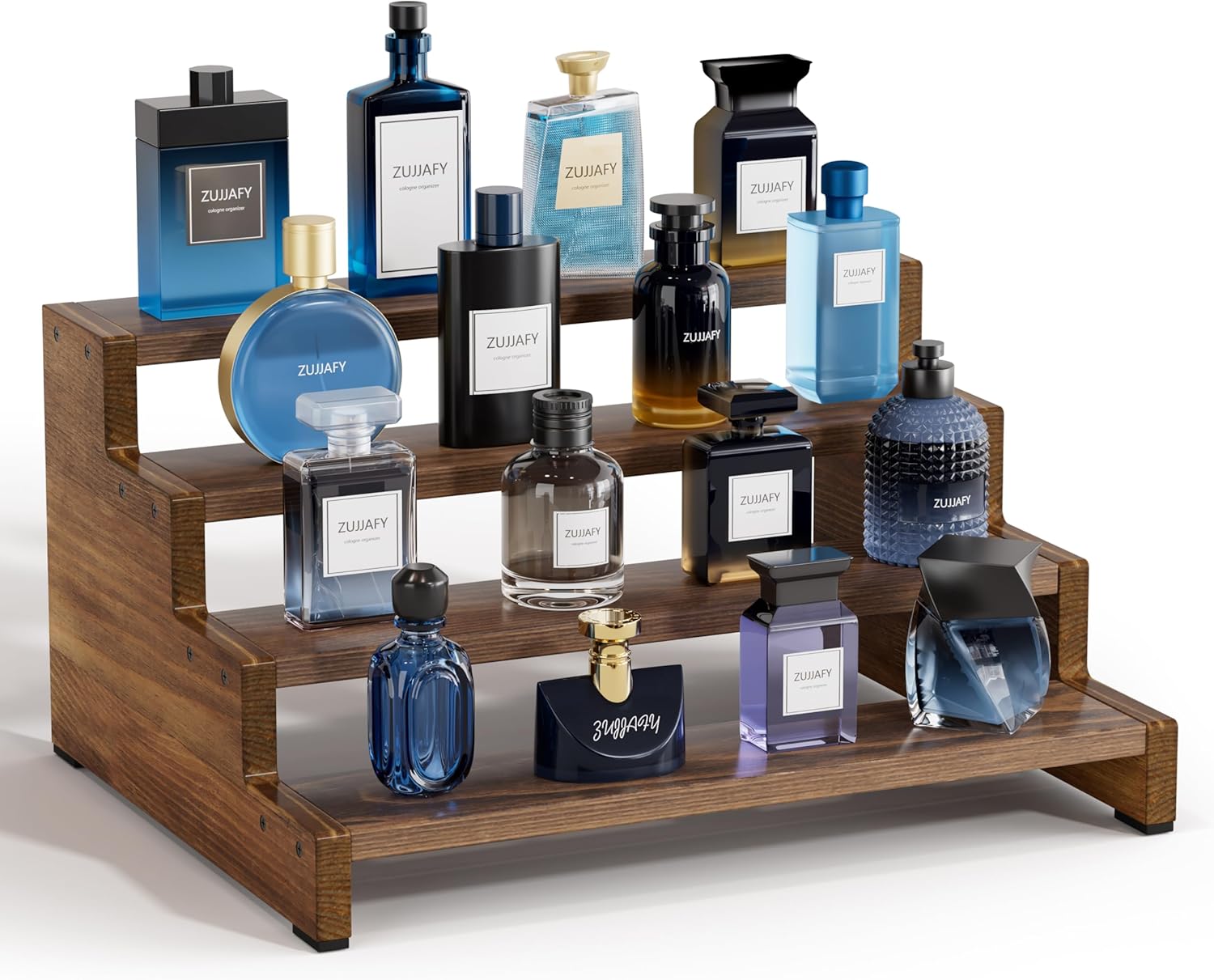 ZUJJAFY Cologne Organizer for Men, 4 Tier Wooden Cologne Stand Mens Fragrance Shelf, Tiered Wood Risers Display Stands for Perfume, Cupcake, Figures, Dessert, Rustic Brown