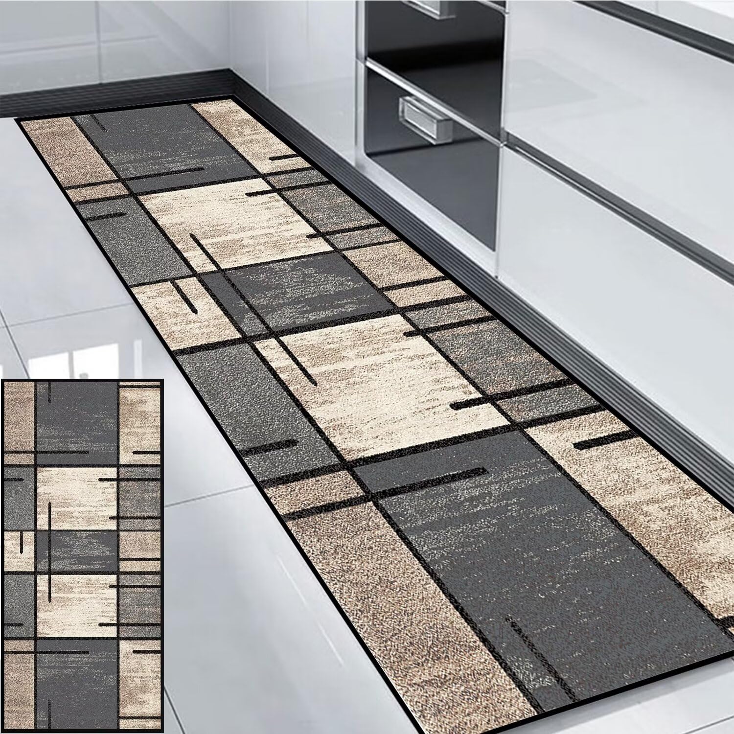 Küchen Teppiche Läufer Waschbarer Teppich Grau Kitchen Mats and Rugs Grau Beige Teppich Läufer für Wohnzimmer Flur Büro Schlafzimmer Küche 60x340cm Stil A