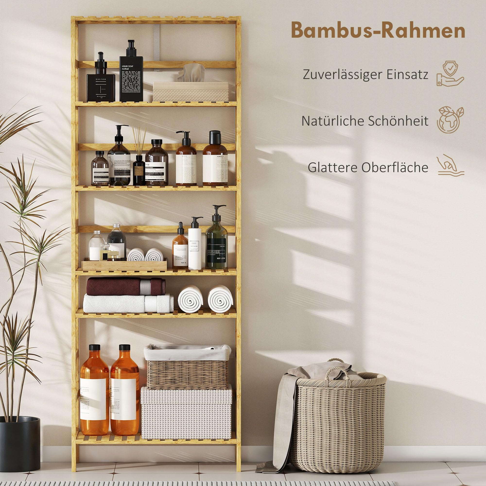 HOMCOM Estantería de Bambú de 6 Niveles Estrecha 60x26x161 cm Natural | Estantería Almacenaje, Estantes Ajustables, Librería para Espacios Pequeños, Baño, Sala de Estar, Cocina