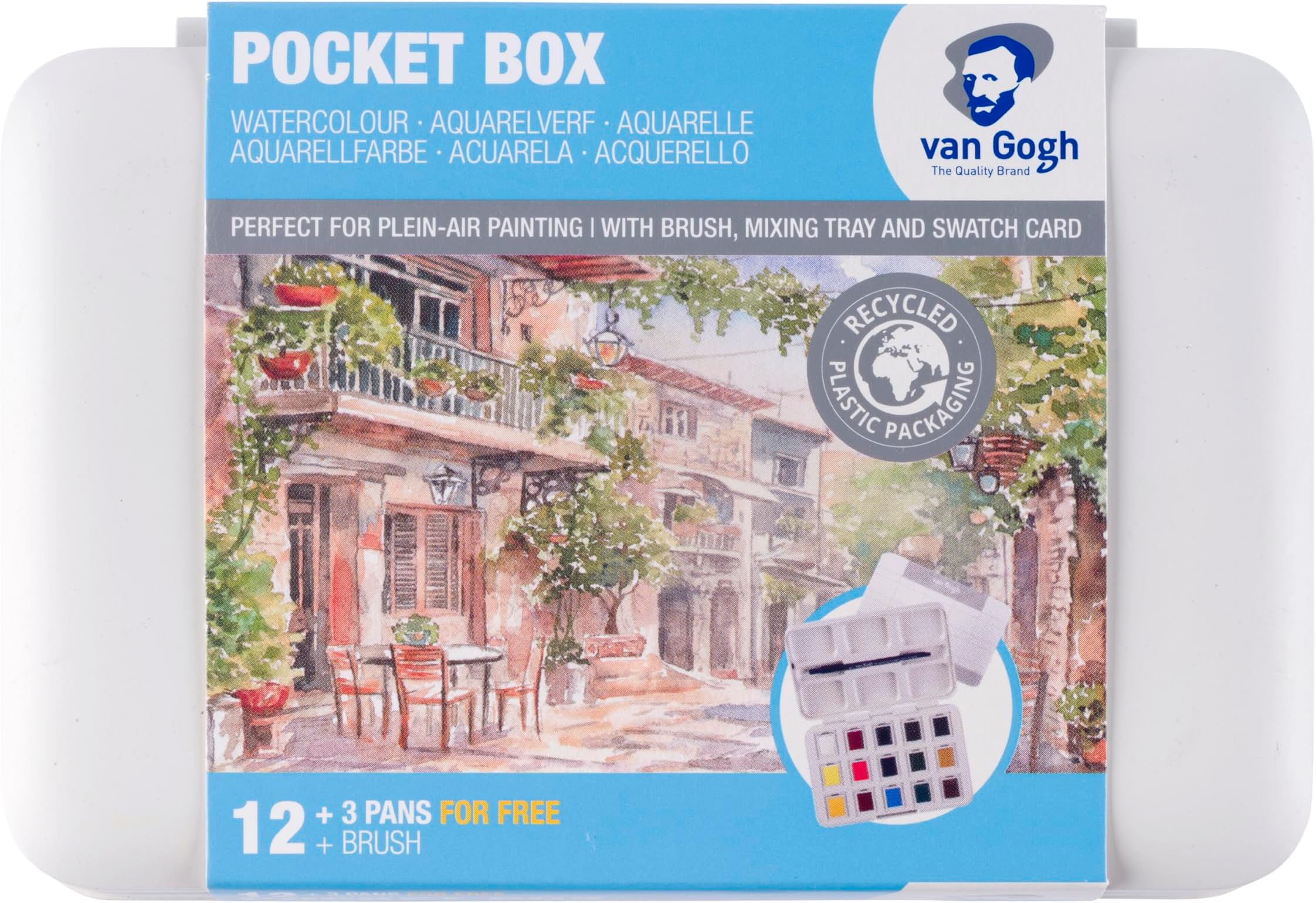 Van Gogh Watercolor Paint Set, Plastic Pocketbox, 12-Half Pan + 3-Half Pan Bonus General Selection
