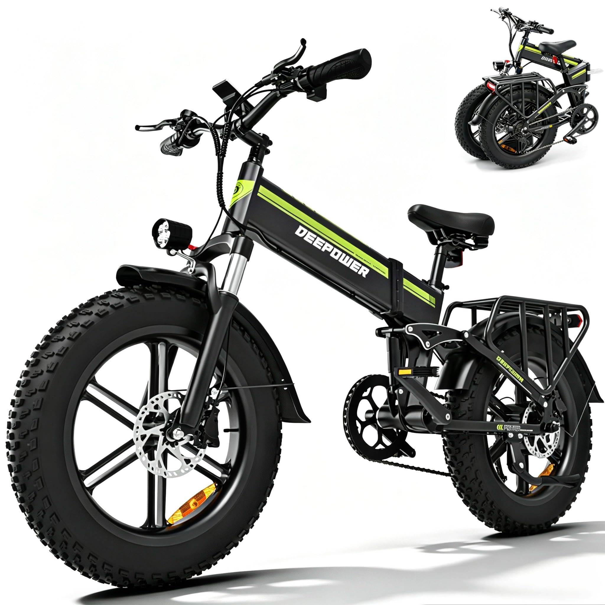 DEEPOWER Bicicleta Eléctrica Plegable, Neumáticos Gruesos 20''×4.0, Batería de Litio Extraíble 48V 25Ah, Autonomía 110 km, Motor de Alto Rendimiento, Velocidades, Suspensión Completa y Frenos