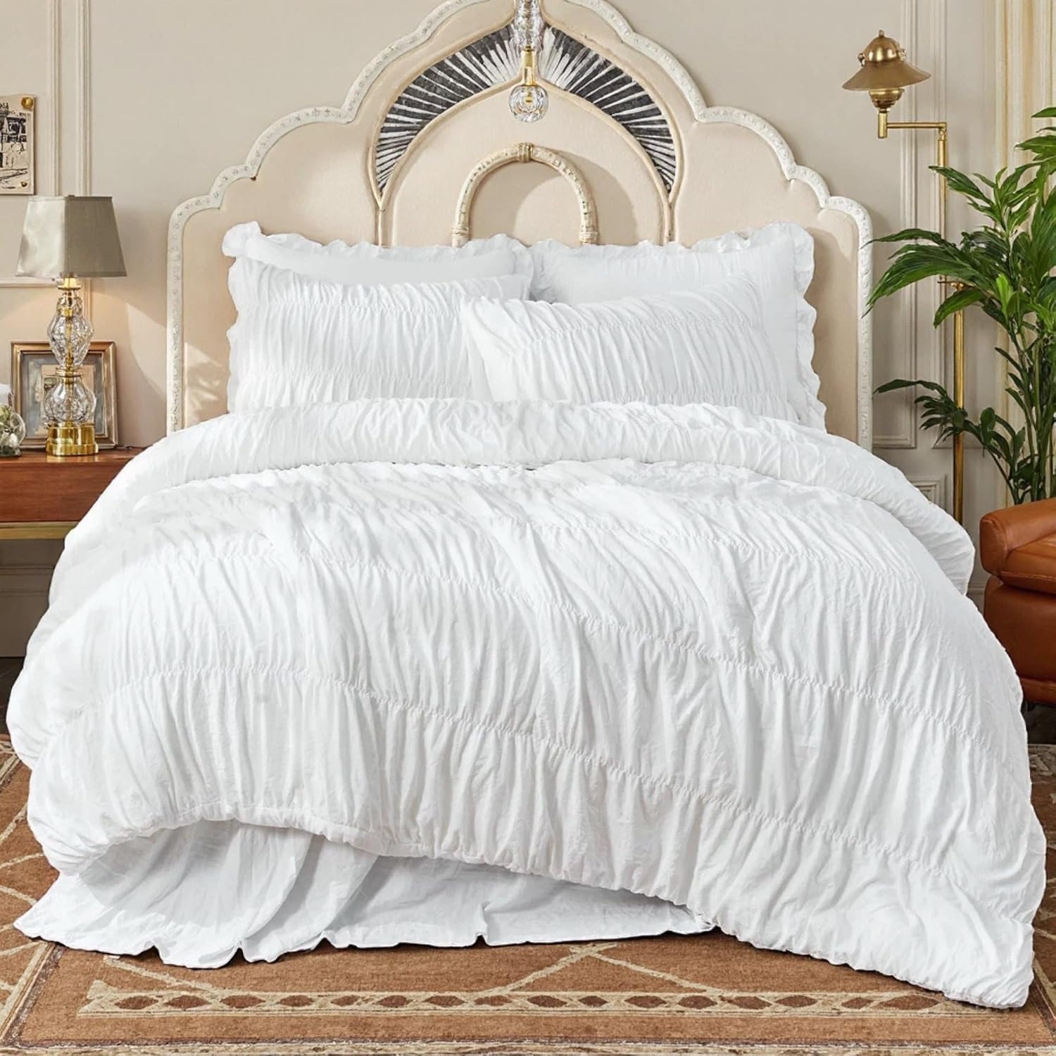 Luxury Ruched Duvet Cover Set - Soft Vintage Textured Bedding for Master Bedroom, 3-Piece Shabby Chic (Beige, Full)