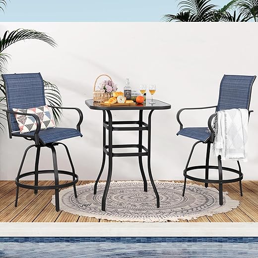 Shintenchi Patio Swivel Bar Set, All Weather Textile Fabric Outdoor High Stool Bistro Set with 2 Bar Chairs and Glass Table for Home, Backyard, Garden, Lawn, Porch (Brown), 3 Pieces