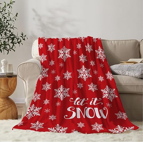 YeeJu Manta decorativa de Navidad, manta de copo de nieve rojo y blanco para sofá, cama, suave, acogedora, ligera, mullida, manta de forro polar de