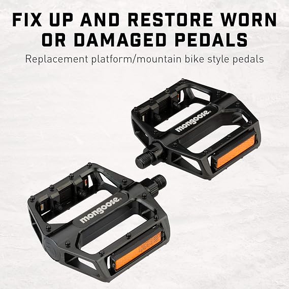 Mongoose Mountain Bike Pedals, Black, Set of 2, Lightweight and Durable Alloy Stands Up to Tough Riding, with Reflectors, Fits 1/2 or 9/16 Cranks, Easy Installation, Replacement Bike Pedals
