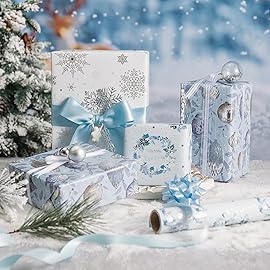 LeZakaa Blue Christmas Wrapping Paper Mini Roll, Silver Blue Winter Ornaments, Floral Wreath, Snowflake Holiday Gift Wrap, Arts Craft, for Xmas Winter Party Men Women, 17 x 120 inches, 3 Rolls