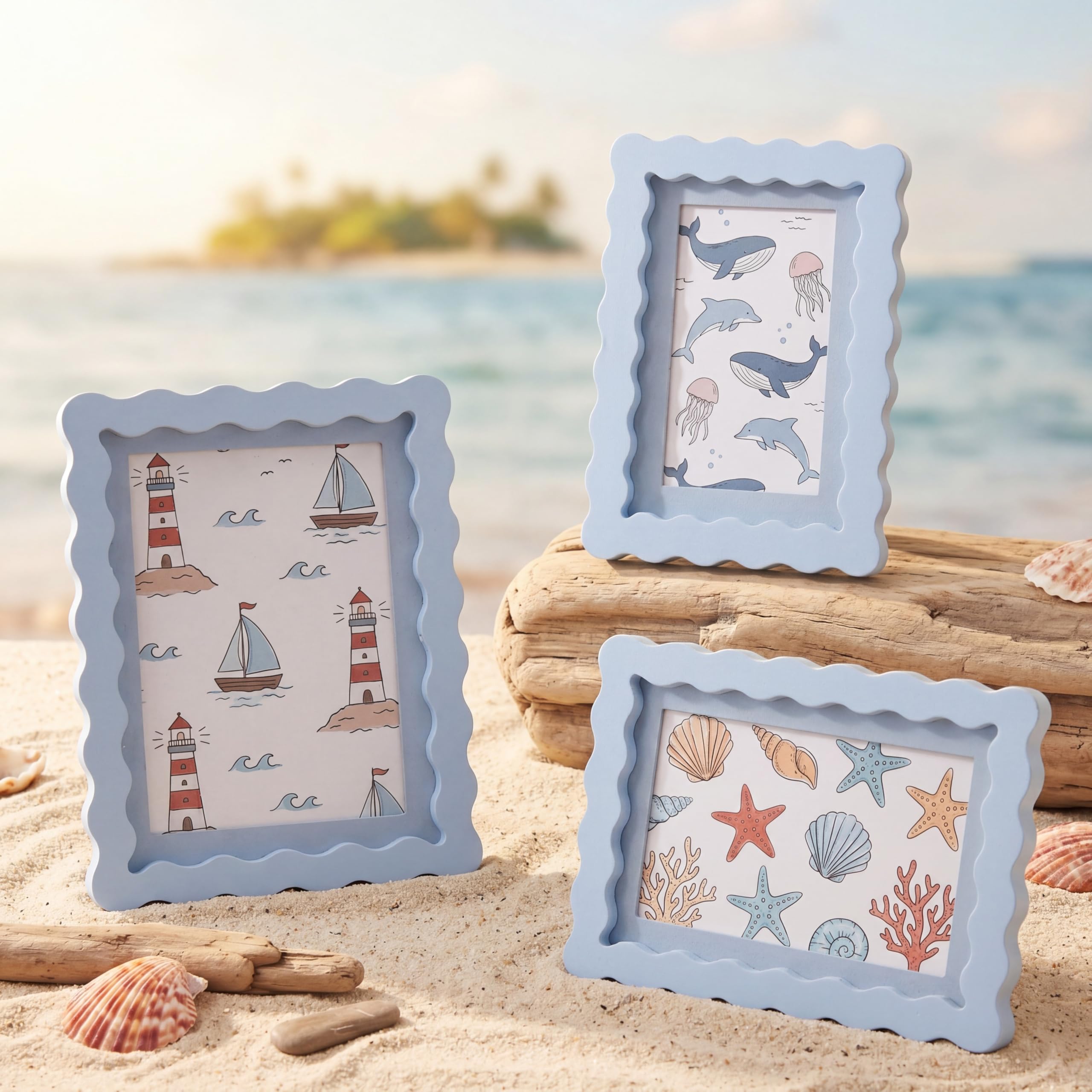 Photo 1 of Wonderjune 3 Pcs Blue Wavy Picture Frame Set Scalloped Photo Frames Wood with Mat and Acrylic Cover Tabletop or Wall Hanging for 4×6, 5×7, 6×8 Inch Photos Funky Cute for Home Office Decor Gift