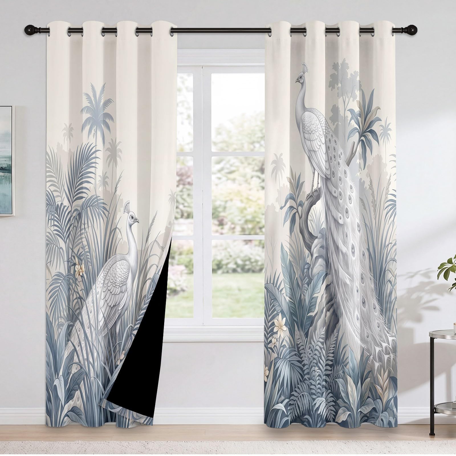 Rideaux Occultants Oiseau Forêt 75L X 166H cm (2 Panneaux), Isolation Thermique Fixation par Oeillets Motif À Fleur Et Paon De Jardin Tropical pour Chambre À Coucher, Crème