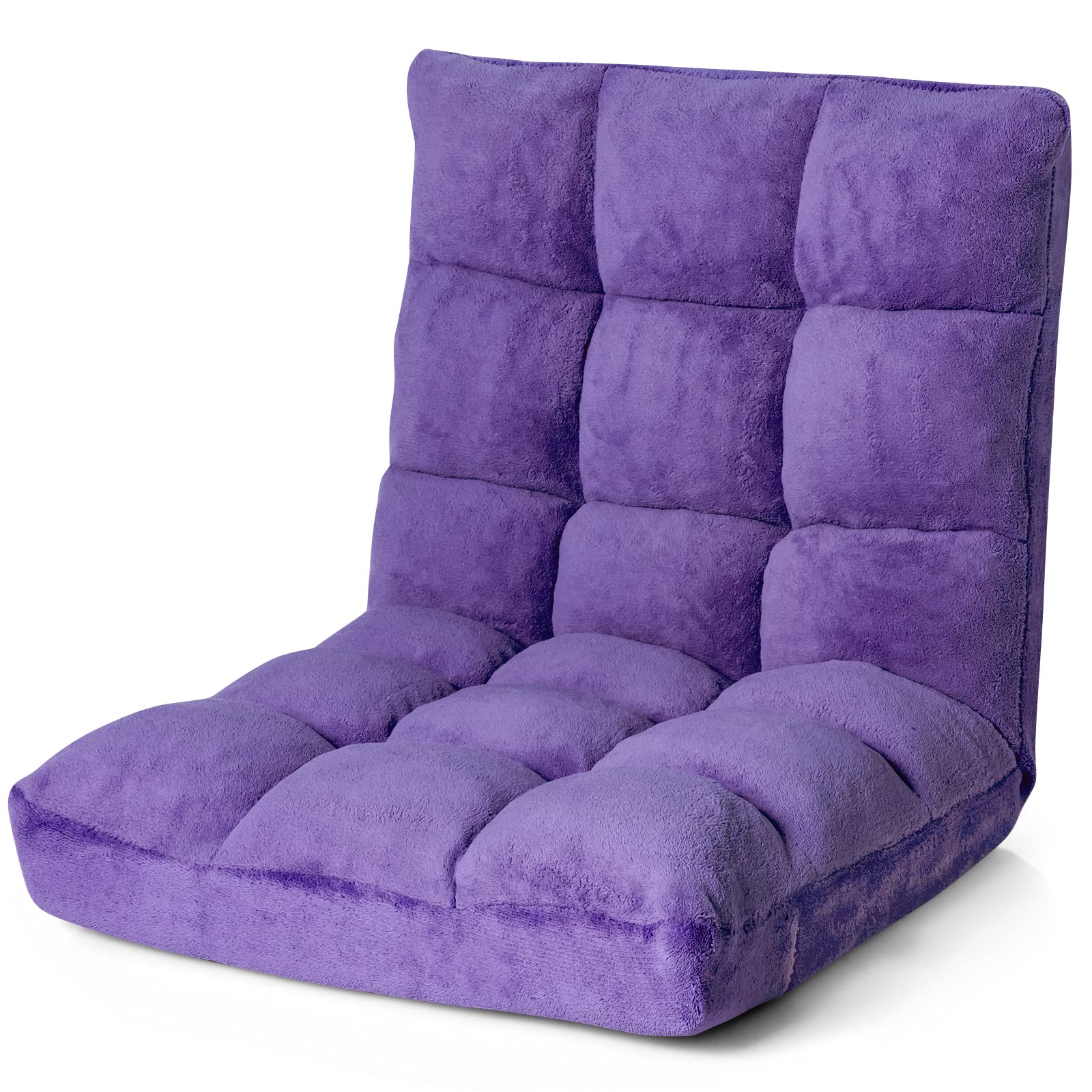 RELAX4LIFE Sedia da Terra in Velluto, Sedia Pieghevole Relax con Schienale Inclinabile in 14 Livelli, Poltrona Imbottita e Portatile Salvaspazio per Soggiorno e Camera da Letto (Viola 105×56×15cm)