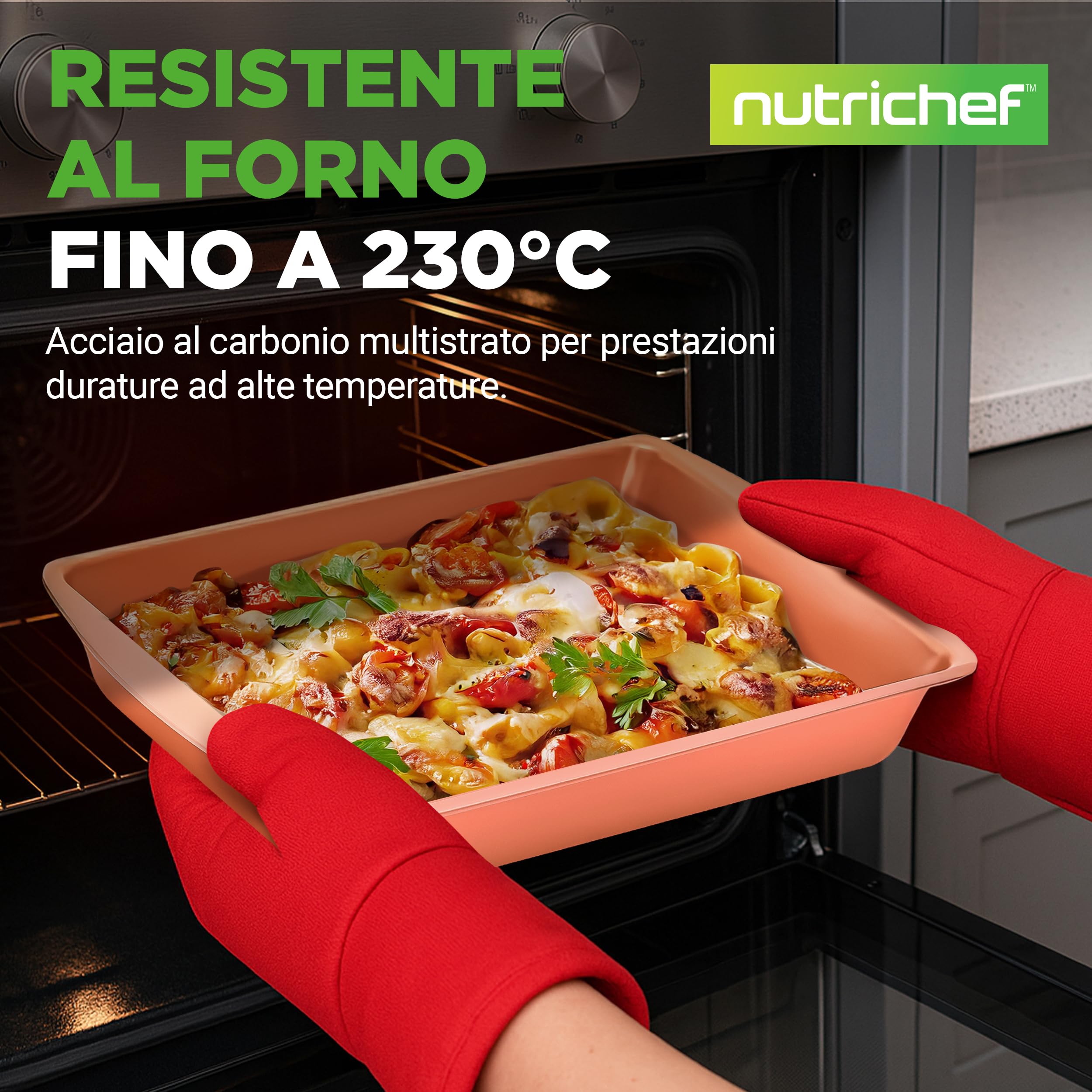 NutriChef Set 5 Teglie da Forno Antiaderente, Biscotti Impilabili, Teglia Arrosto Coperchio, Maniglie Silicone, Facili da Pulire, Rame