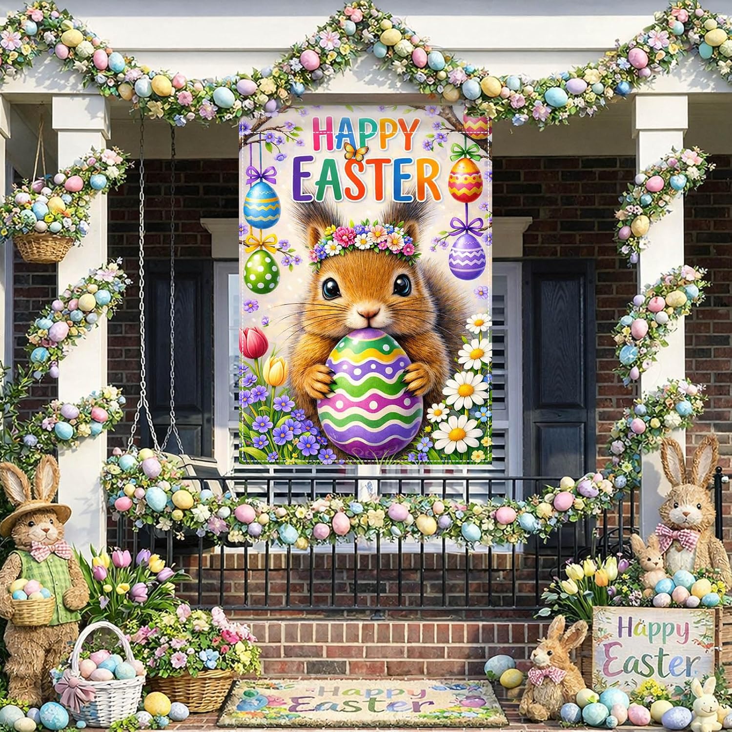 Happy Easter House Flag 28x40 Inch Double Sided Cute Squirrel Holding Colorful Egg with Hanging Easter Eggs Floral Spring Garden Flag Large Outdoor Yard Flag Holiday Farmhouse Easter Decor - Image 3