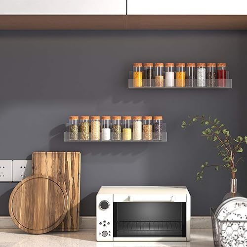 Miniatura 6 de PMMASTO Organizador de especias acrílico adhesivo para pared con cinta nano de doble cara, organización de estante de especias para puerta de