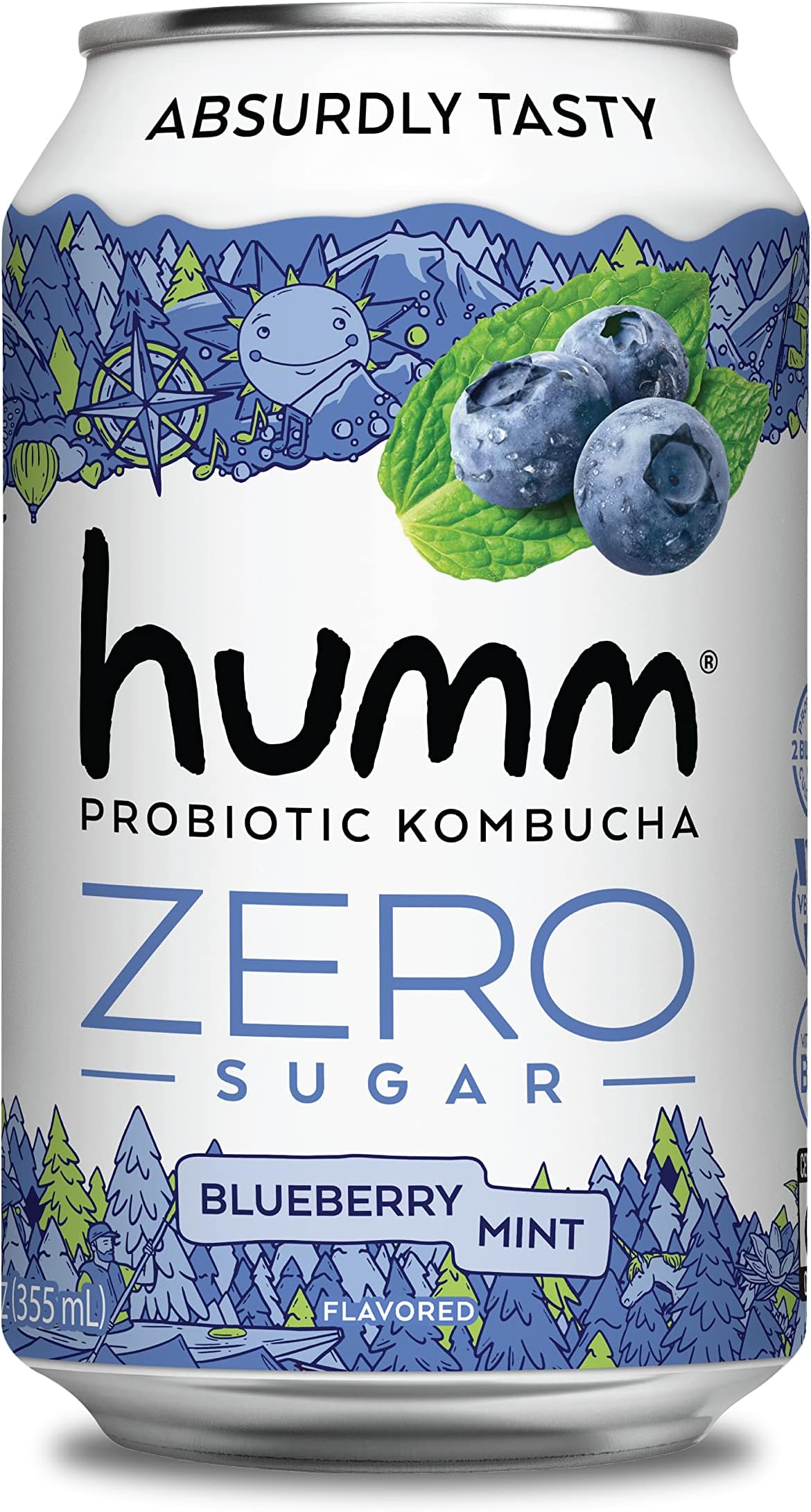 Humm Probiotic Kombucha Zero Sugar Blueberry Mint - No Refrigeration Needed, Keto-Friendly, Organic, Vegan, Gluten-Free - 12oz Cans (16 Pack)