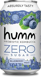 Humm Probiotic Kombucha Zero Sugar Blueberry Mint - No Refrigeration Needed, Keto-Friendly, Organic, Vegan, Gluten-Free - 12oz Cans (4 Pack)