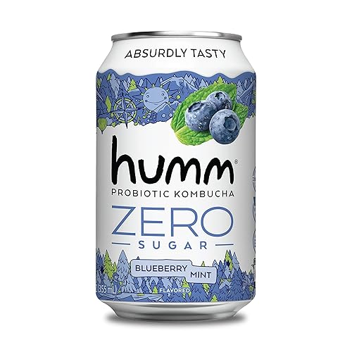 Humm Probiotic Kombucha Zero Sugar Blueberry Mint latas de 12 onzas paquete de 8