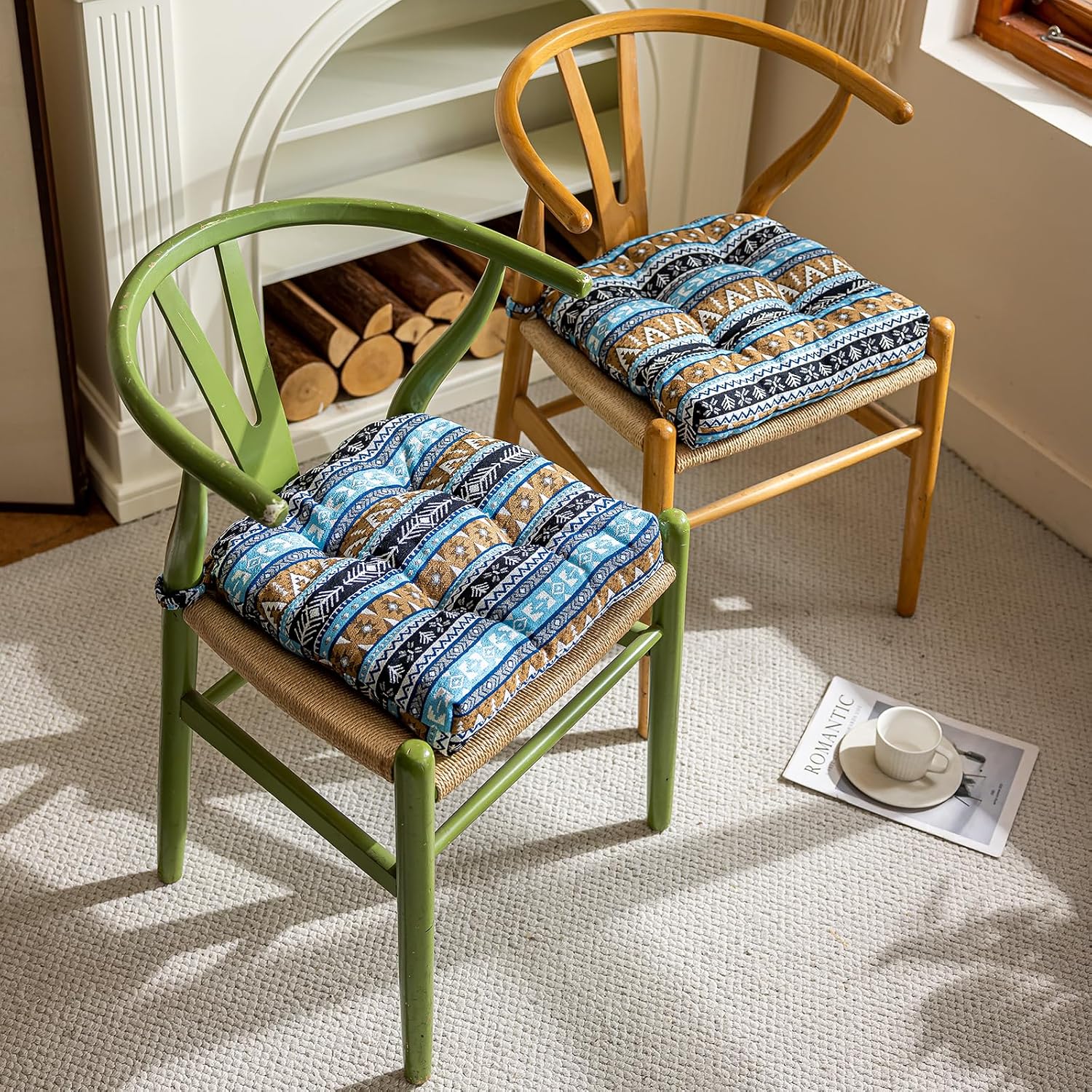 vctops Boho Chenille Chair Cushions with Ties Geometric Jacquard Seat Cushion Soft Comfortable Non Slip Chair Pads for Indoor Dining Room and Kitchen Chairs (Pattern E,16"x16")