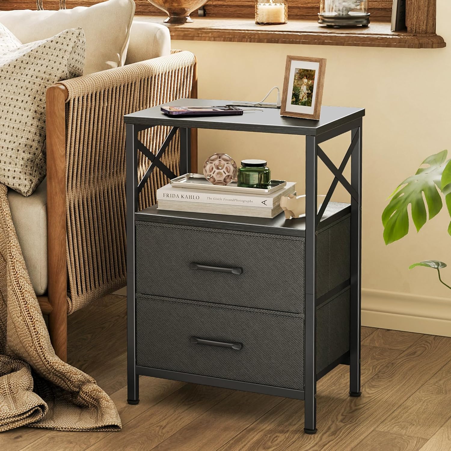 Huuger Nightstands Set of 2, Night Stand with Charger Station, 2 Drawer Side Table with Open Shelf, USB-C Port, End Table for Small Spaces, X Shaped Side Rail, Black