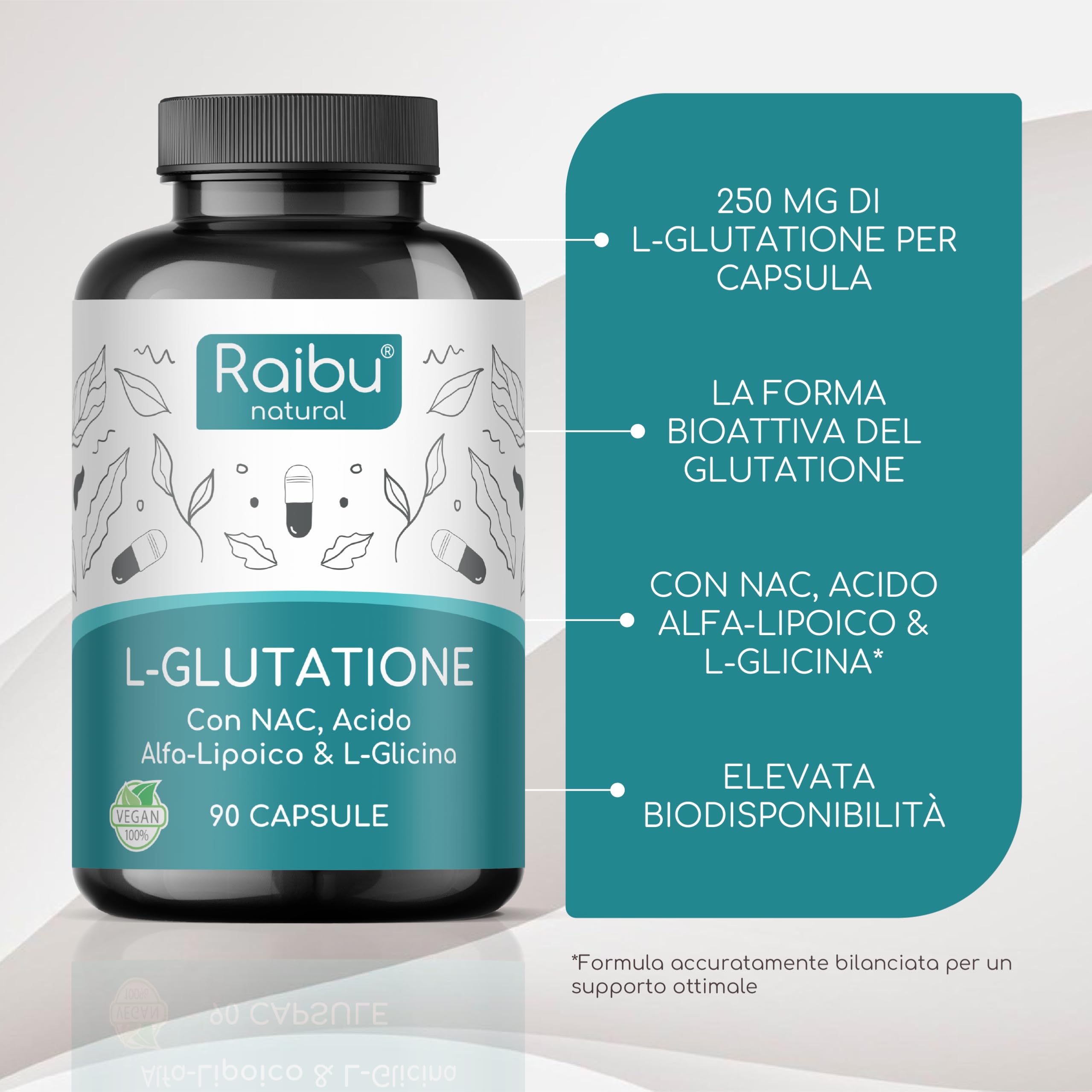 Glutathione Forte Reduced - L-Glutathione with NAC, Alpha-Lipoic Acid & L-Glycine  - Antioxidant, Bioactive, Obtained by Fermentation - 250 mg per Capsule