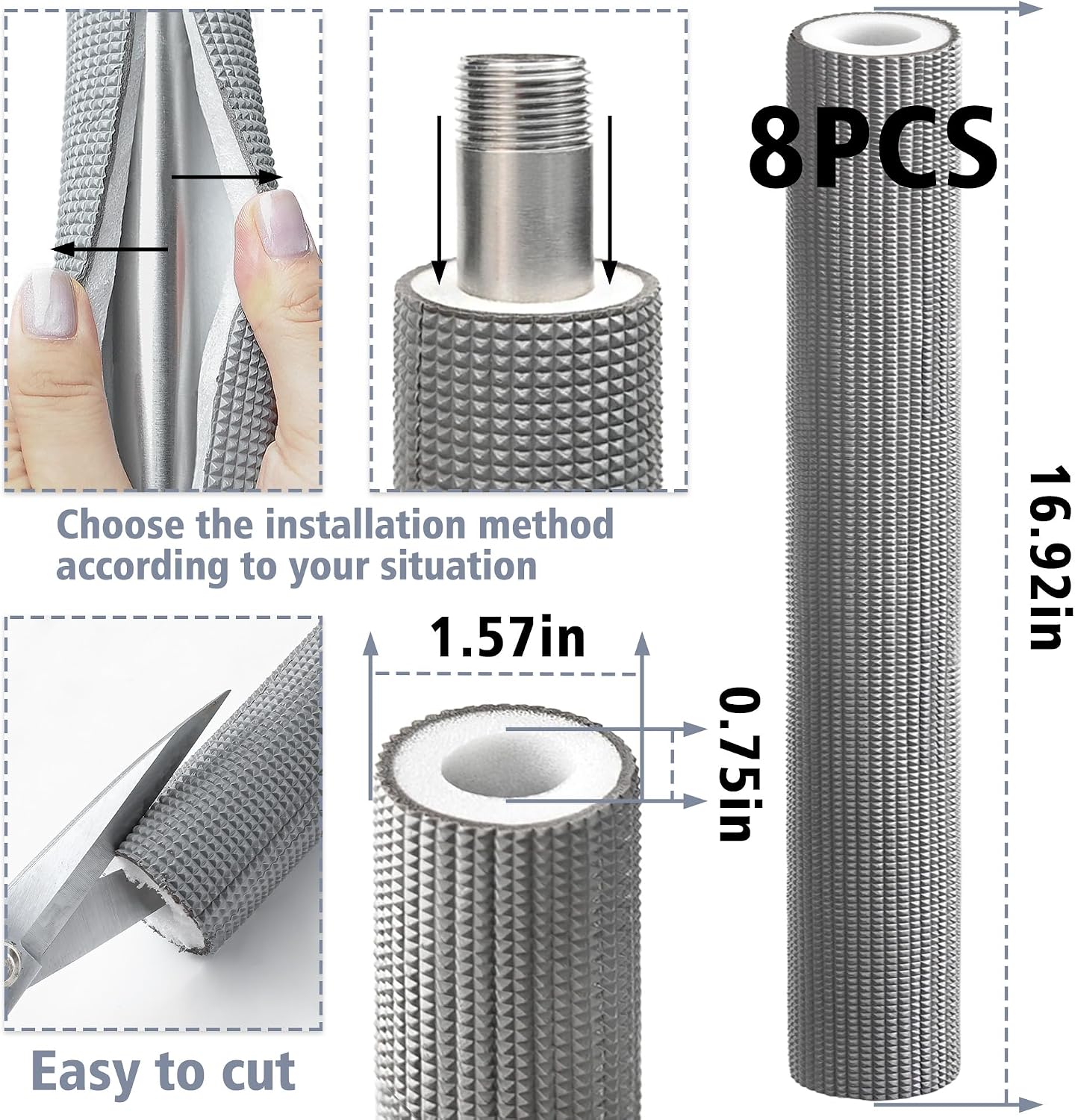 MR FIVE 8 Pcs Pipe Insulation Foam Tube,3/4" ID x 16.9" L Grey Outdoor Pipe Cover, Multi-Purpose Foam Tube for Indoor/Outdoor Pool Handle,Water Pipes,AC Pipes