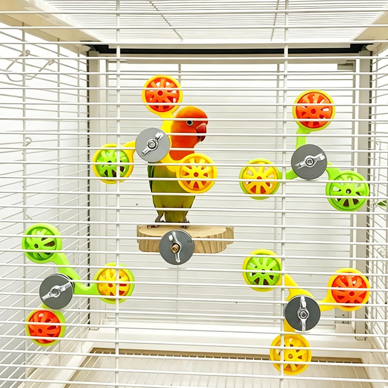 Spinning Bird-Toys Bird Cage Toys & Bird Perch Parrot-Parakeet Budgie Cockatiel Conure Macaw Chicken Parrot Enrichment Cage Accessories Small Animal Chewing Toy (Green Spinner Bell) image 2