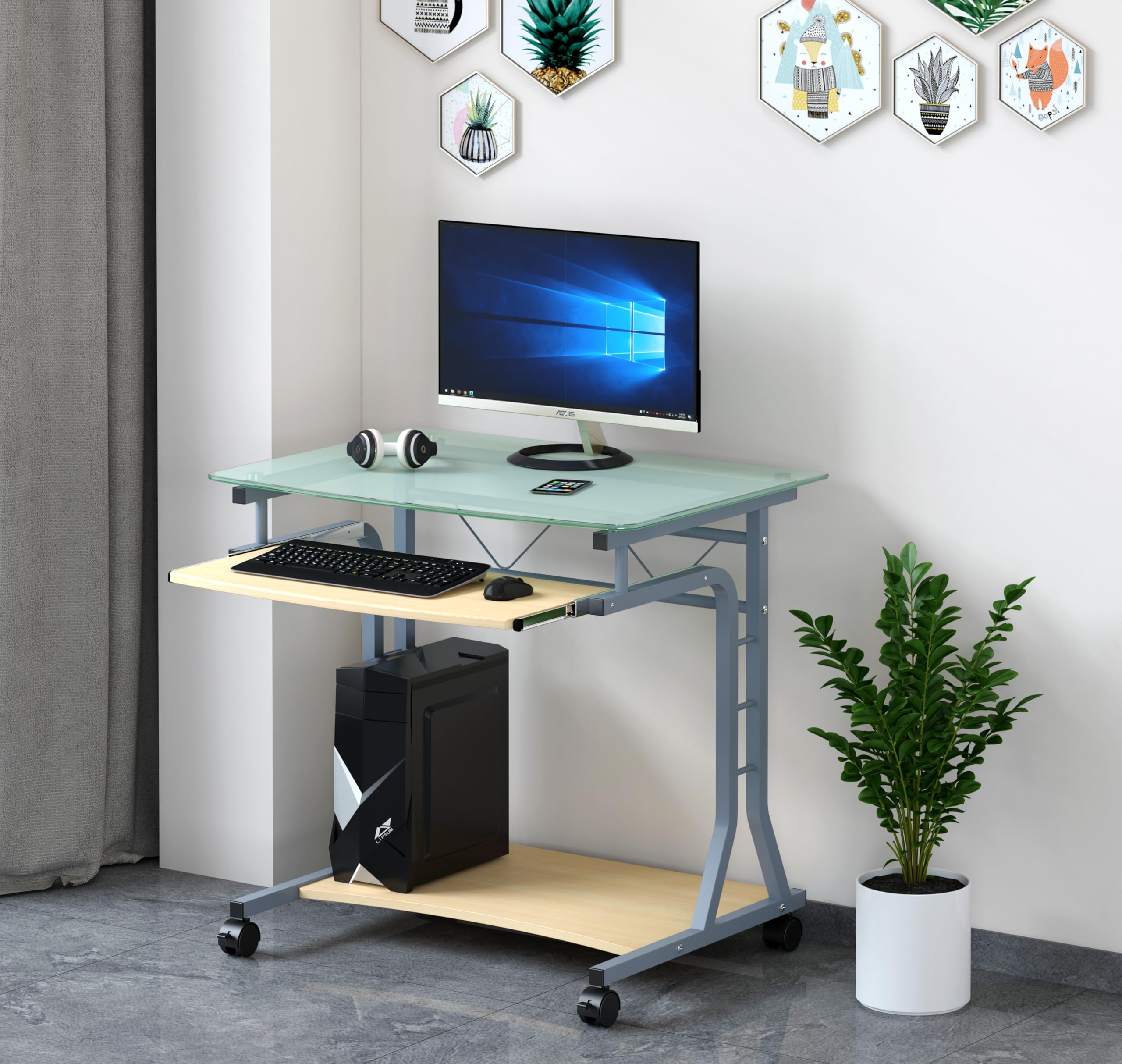 Equipo original de escritorio para PC compacto de metal y vidrio con ruedas