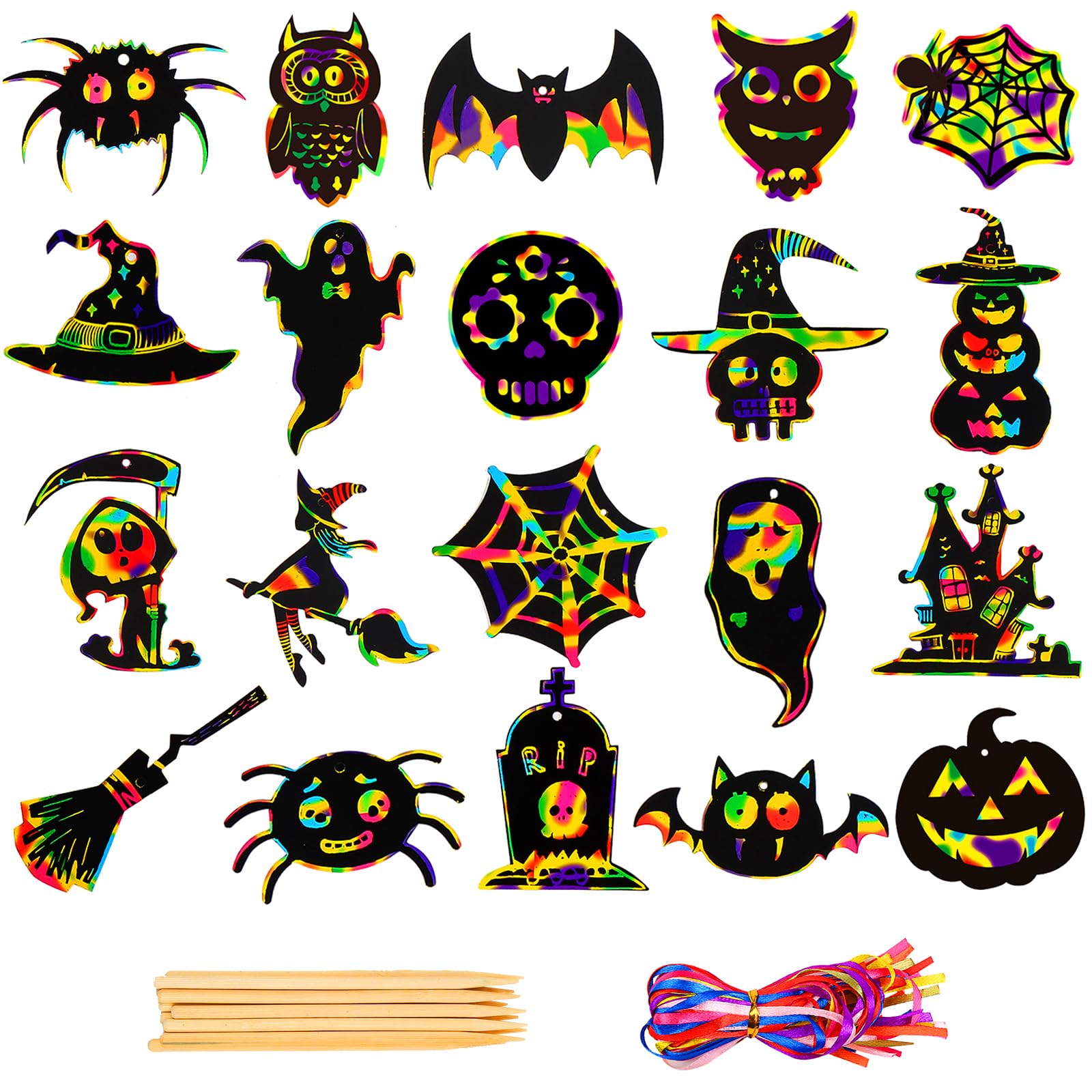 DIYASY Halloween Scratch Paper, 80 Pcs 20 Design Magic Rainbow Scratch Off Art Cards for Kids Halloween Craft with 20 Sticks and Ribbon