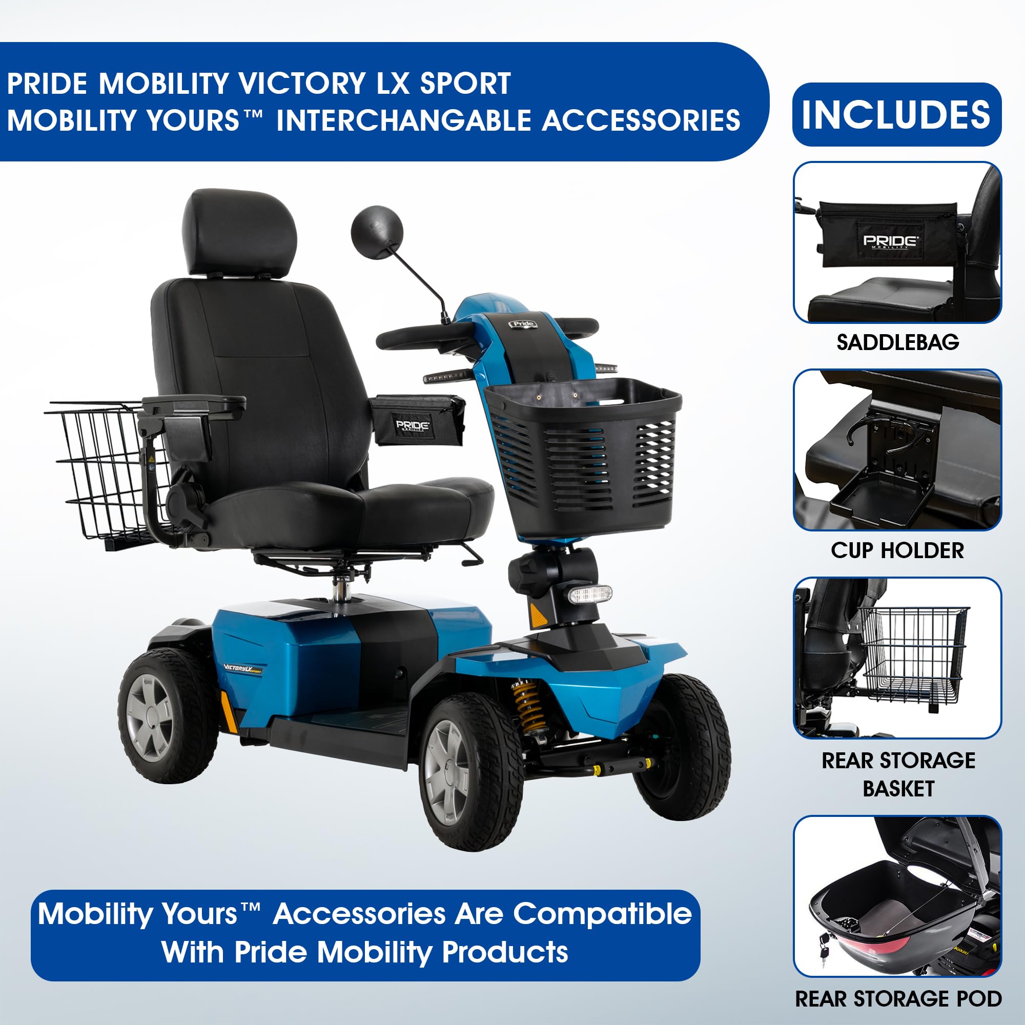 Pride Victory LX Sport + Accessories, Heavy Duty 4 Wheel Scooter for Adults and Seniors, Comfrot High Back Seating, 400 lb Capacity, LED Lighting, CTS Suspension, 8.6 MPH, Extended Service Warranty