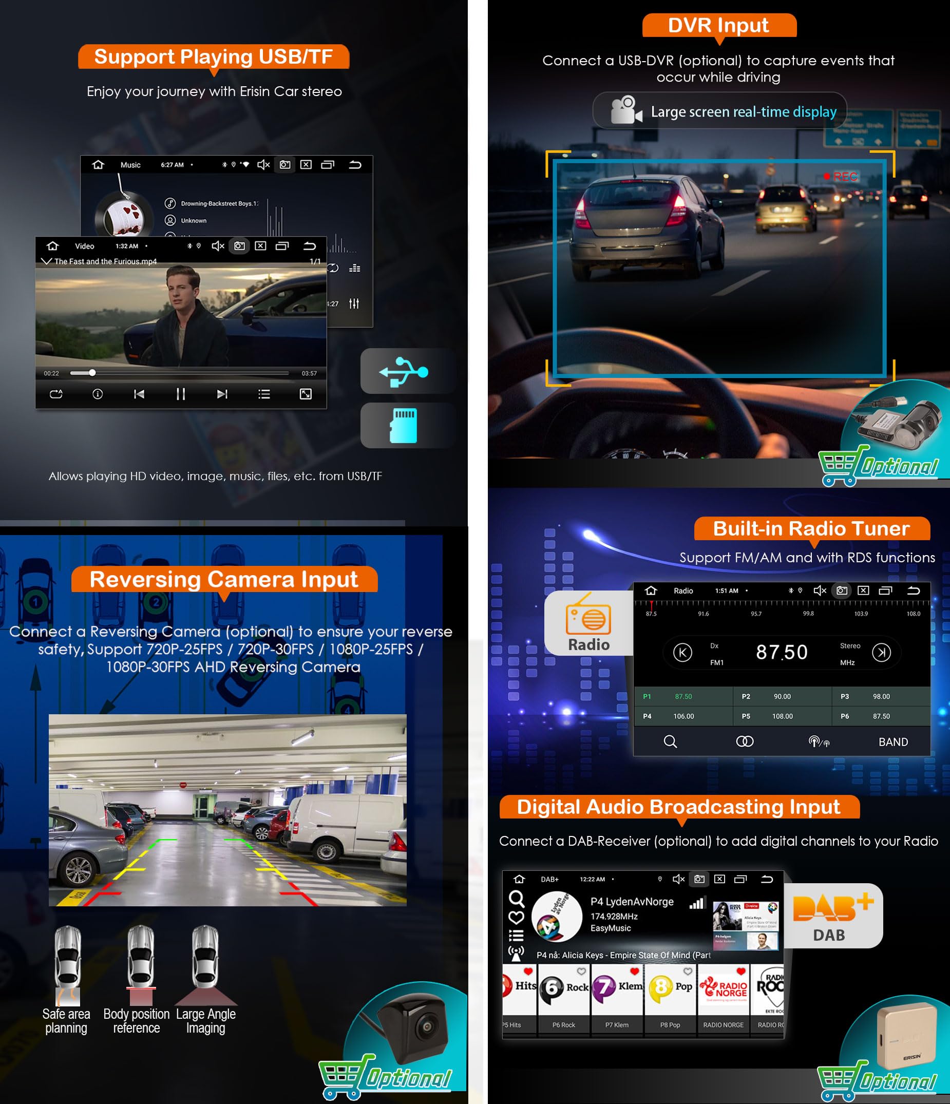 Erisin 8-Core 4GB+64GB 7 pollici IPS Schermo Tattile Android 14 Autoradio Bluetooth GPS Navigatore per BMW Serie 3 E90 E91 E92 E93 M3 Supporto CarPlay Android Auto WiFi 4G DSP DAB+ USB FM OBD2 Canbus