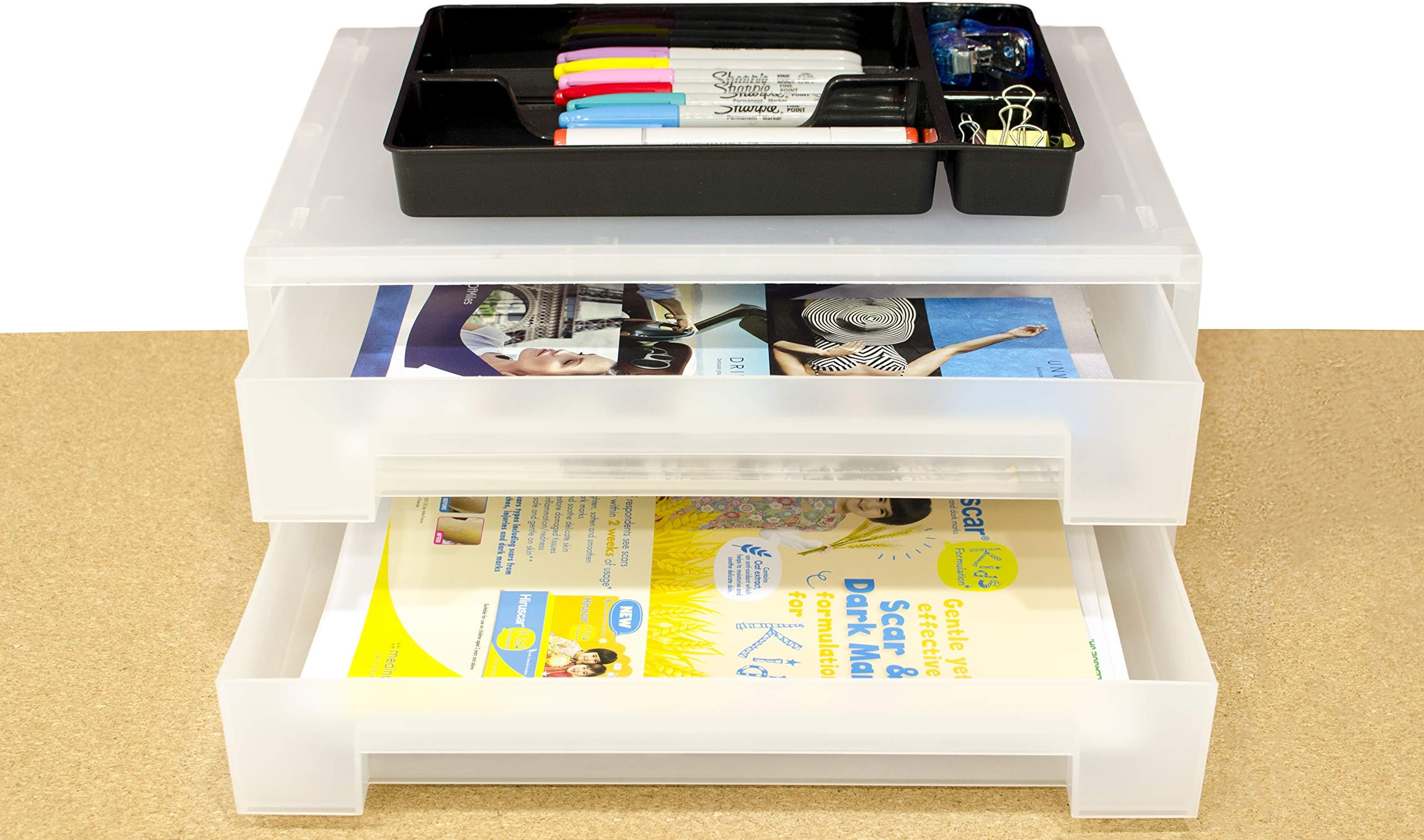 2-Tier Large Office Desk Organizer & Document Tray - Storage Box Drawer for Documents, Stationery, Office, Teaching, School Supplies - Translucent White PP Horizontal Desktop Organizer