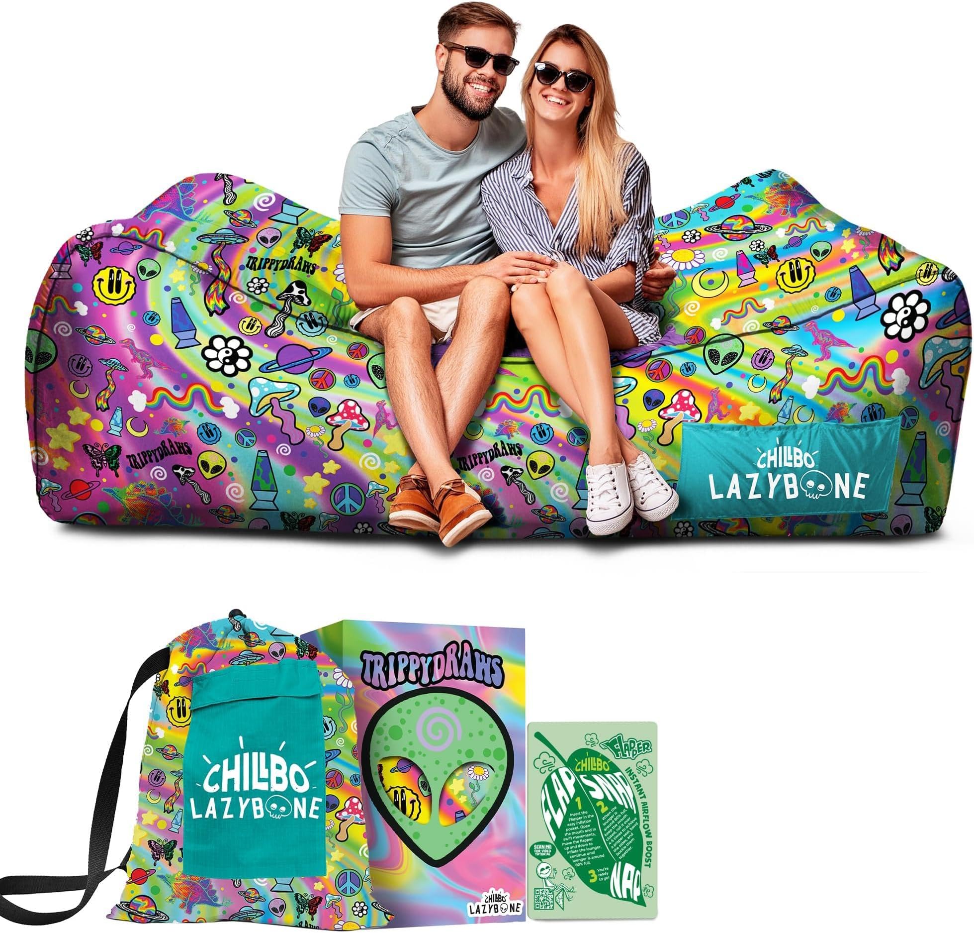 x TrippyDraws Lazybone Inflatable Couch - Ultimate Inflatable Lounger for Maximum Chill - The Perfect Blow Up Couch for Music Festivals