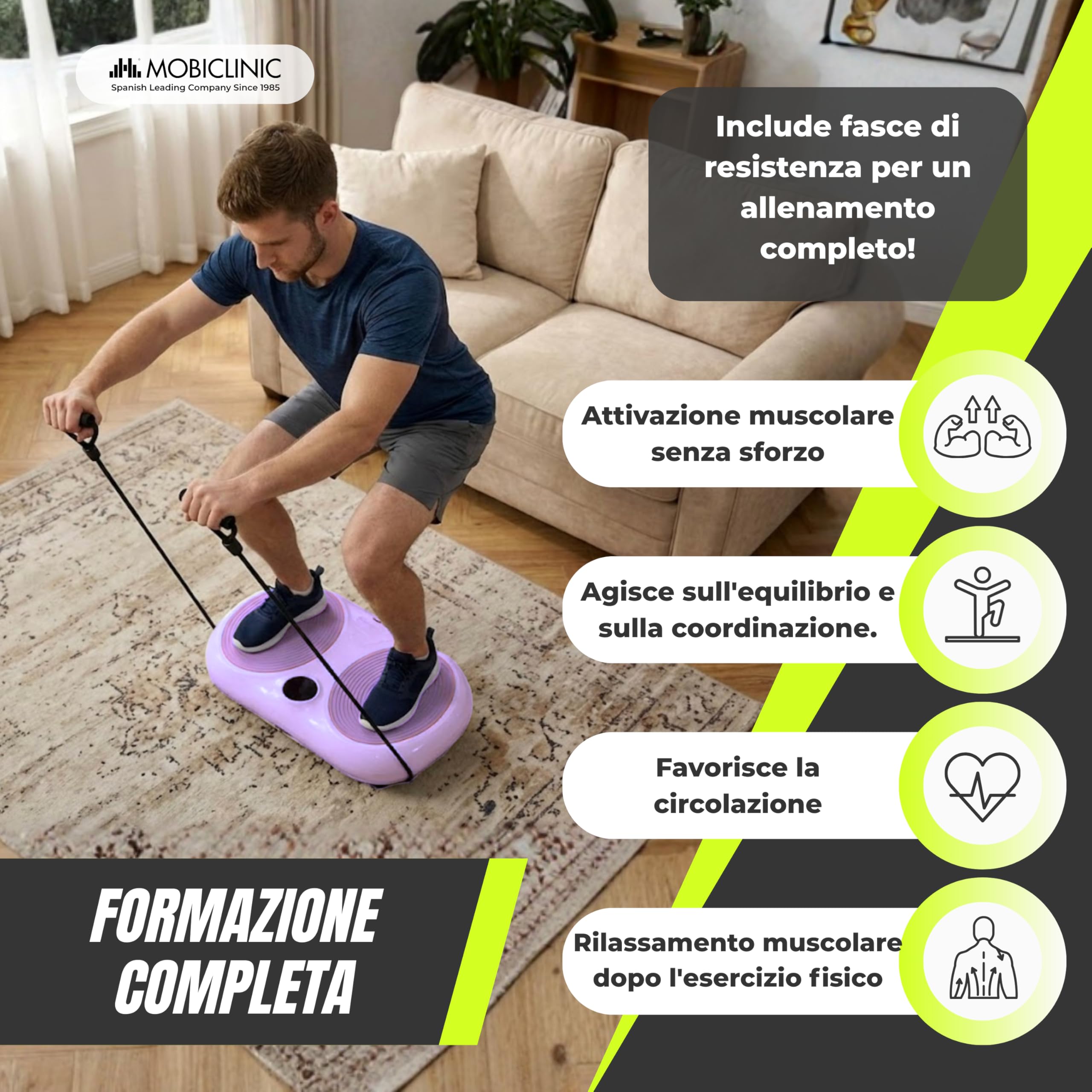 Mobiclinic®, Pedana Vibrante, 99 Livelli di Velocità, 9 Programmi di Allenamento, Fasce Elastiche e Telecomando, 200W, Tonificazione, Potenziamento Muscolare, Ideale per la Casa, Fino a 150 kg, Karol