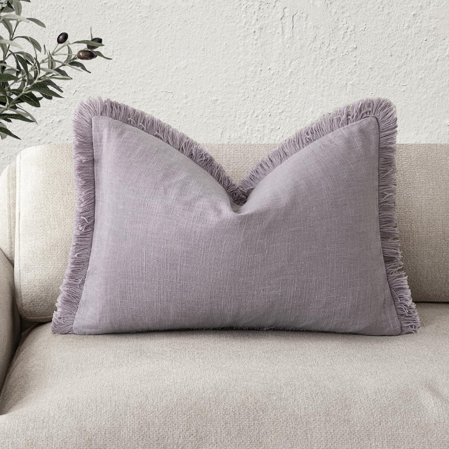 Foindtower Decorative Linen Fringe Lumbar Throw Pillow Covers Boho Farmhouse Cushion Cover with Tassel Soft Accent Pillowcase for Sofa Bed Living Room Home Decor, 12×20 Inch,1PC,Light Purple