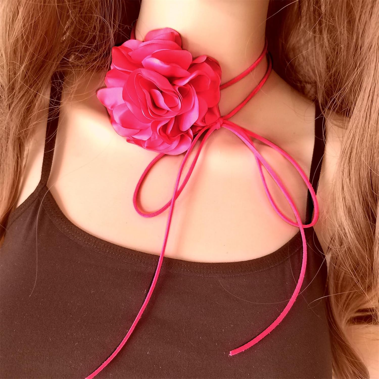 Pink Flower Choker for Women, Flower Necklace Big Camellia Lace Collar Necklace Valentines Christmas Wedding Party Jewerly - Hot Pink - Image 2