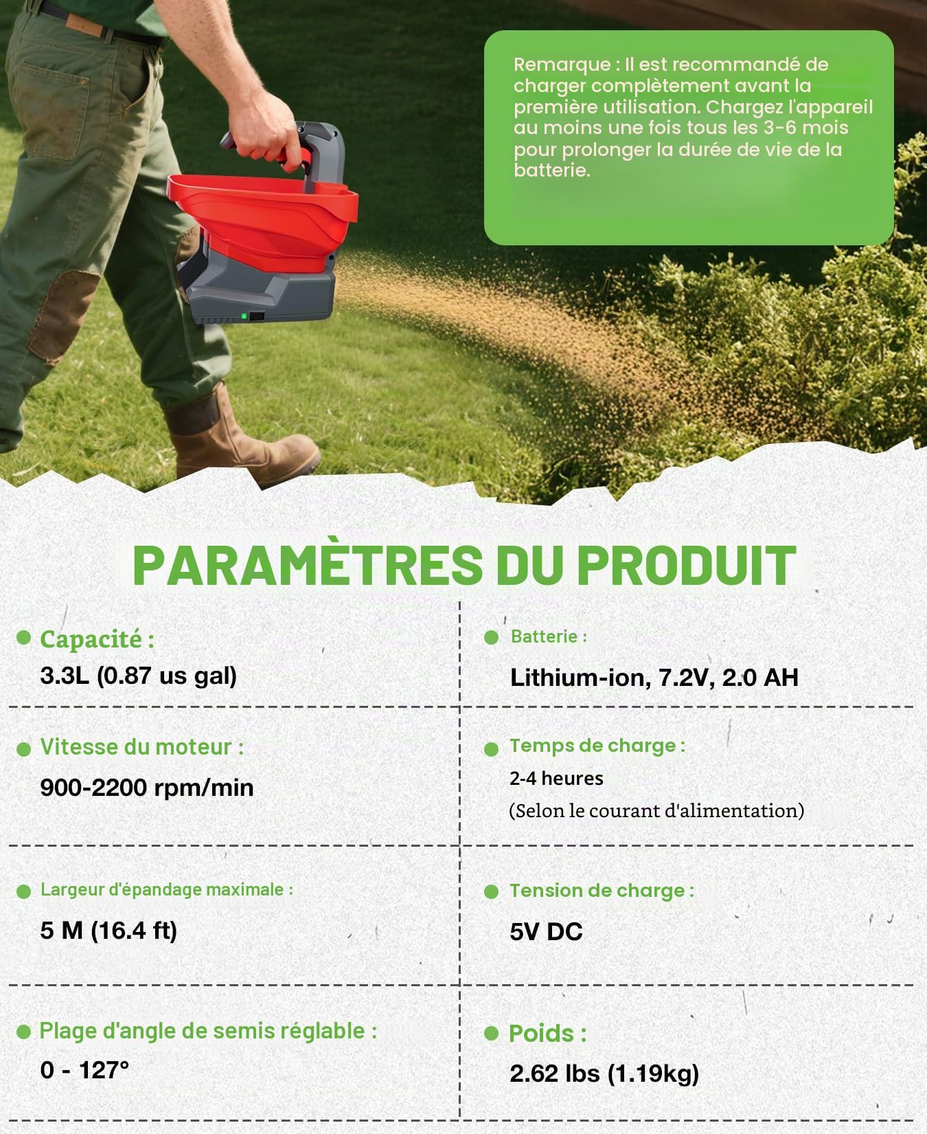 Shall Semoir Universel à Batterie Rechargeable, épandeur d'engrais électrique 7,2 V, adapté au salage des Routes, au déneigement et à l'ensemencement, Batterie et Chargeur Inclus