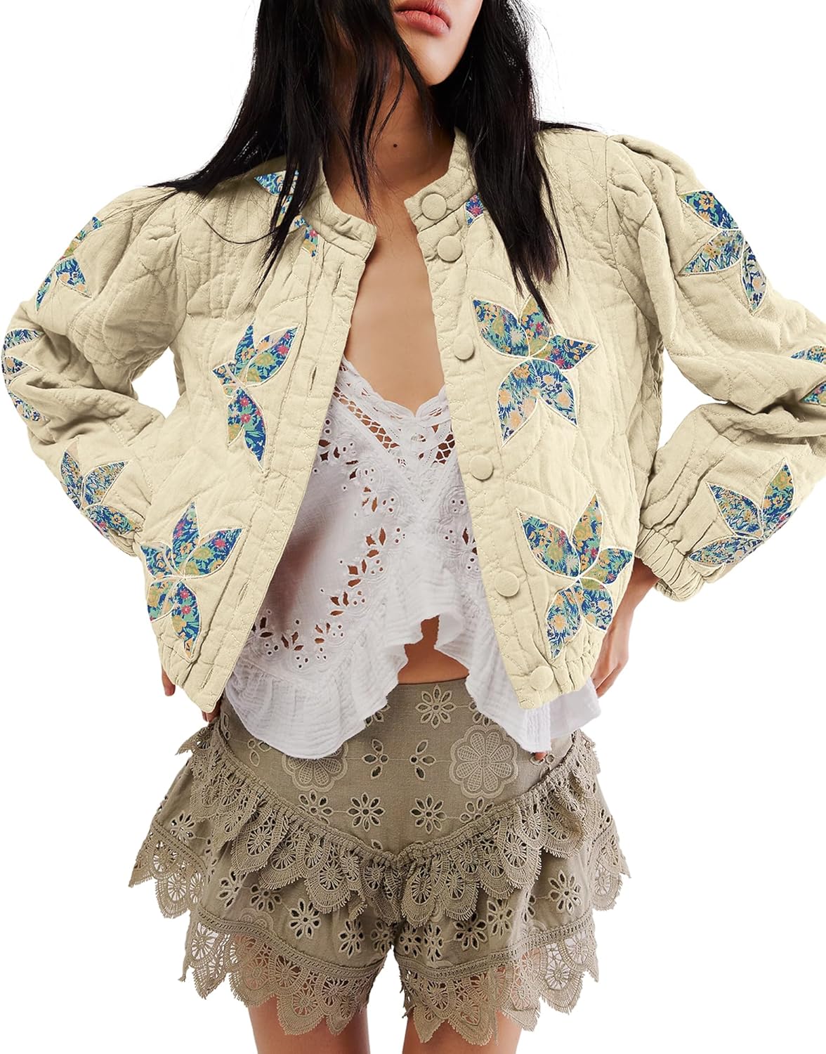 Locachy Women's Casual Cropped Puffer Jacket Lightweight Flower Embroidery Winter Warm Quilted Jacket Coat with Pockets - Image 2