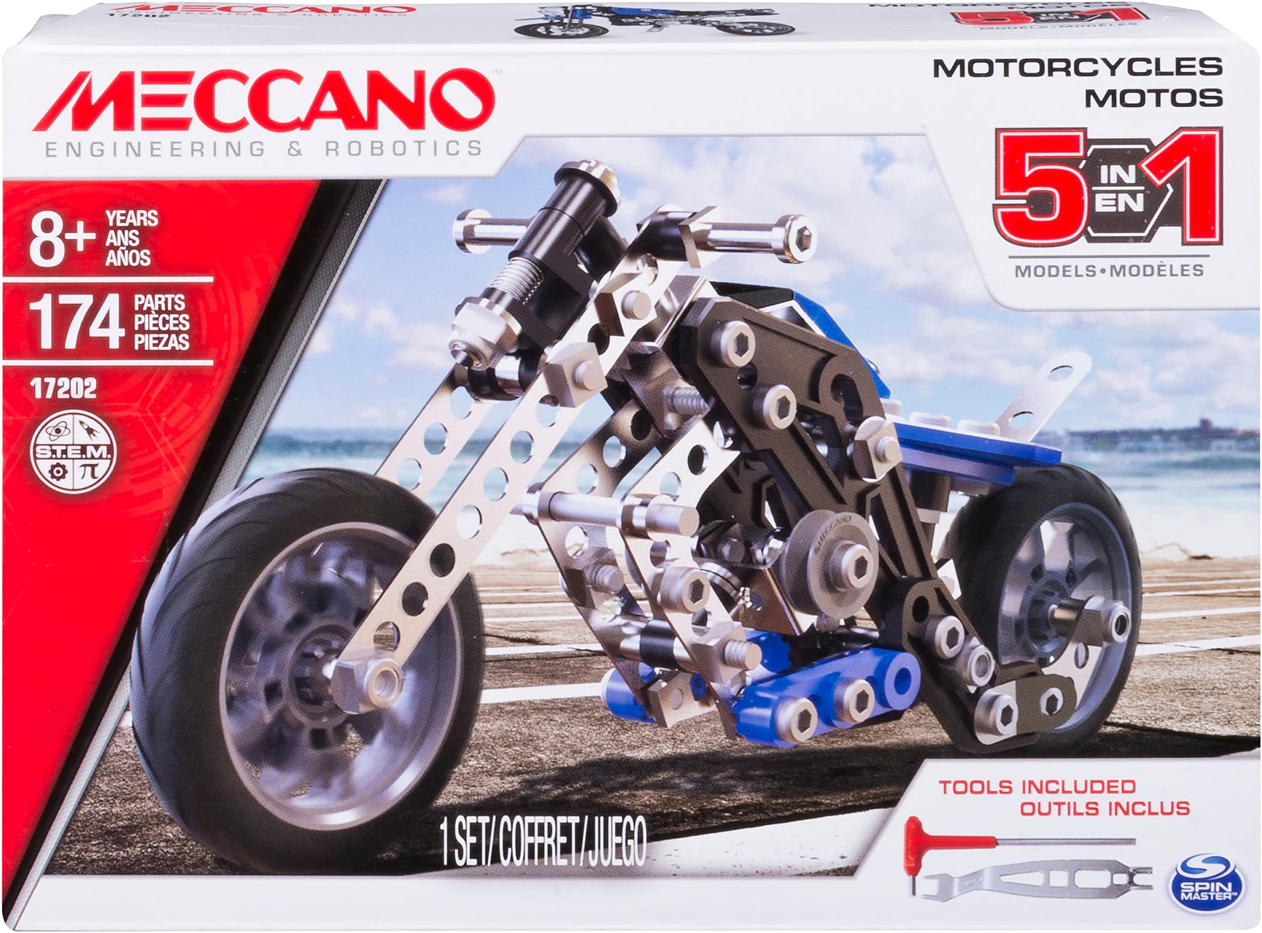 Meccano Erector, 5 in 1 Model Building Set - Motorcycles, 174 Pieces, for Ages 8 and up, STEM Construction Education Toy
