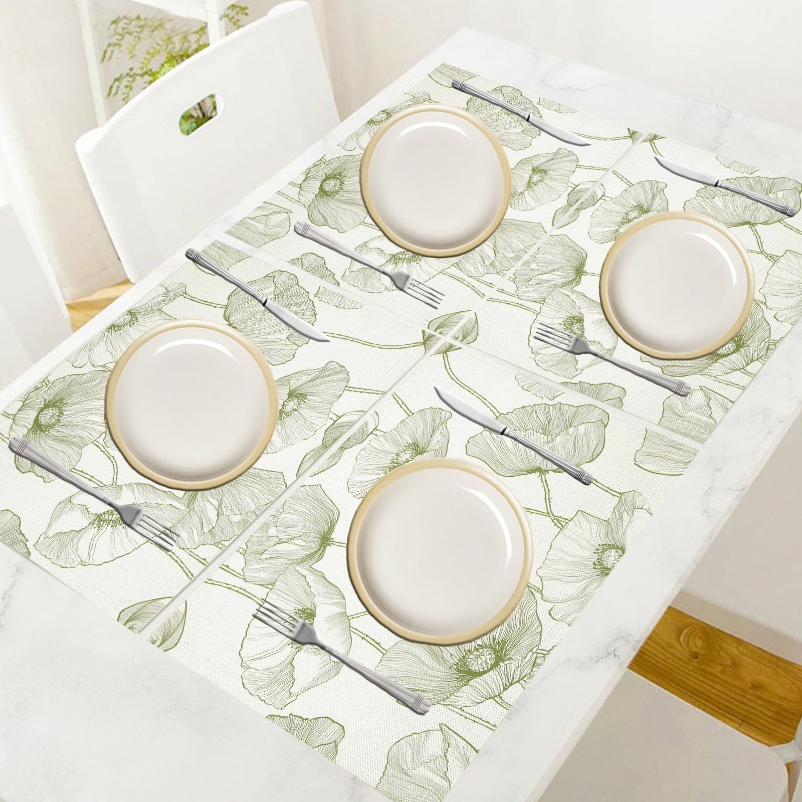 Lot de 8 Set Table Dessin Au Trait en Lavable en Machine, Réutilisable Rectangulaire Lin de Coton Set de Table Résistant à la Chaleur (Fleurs Vertes,30×45 cm)