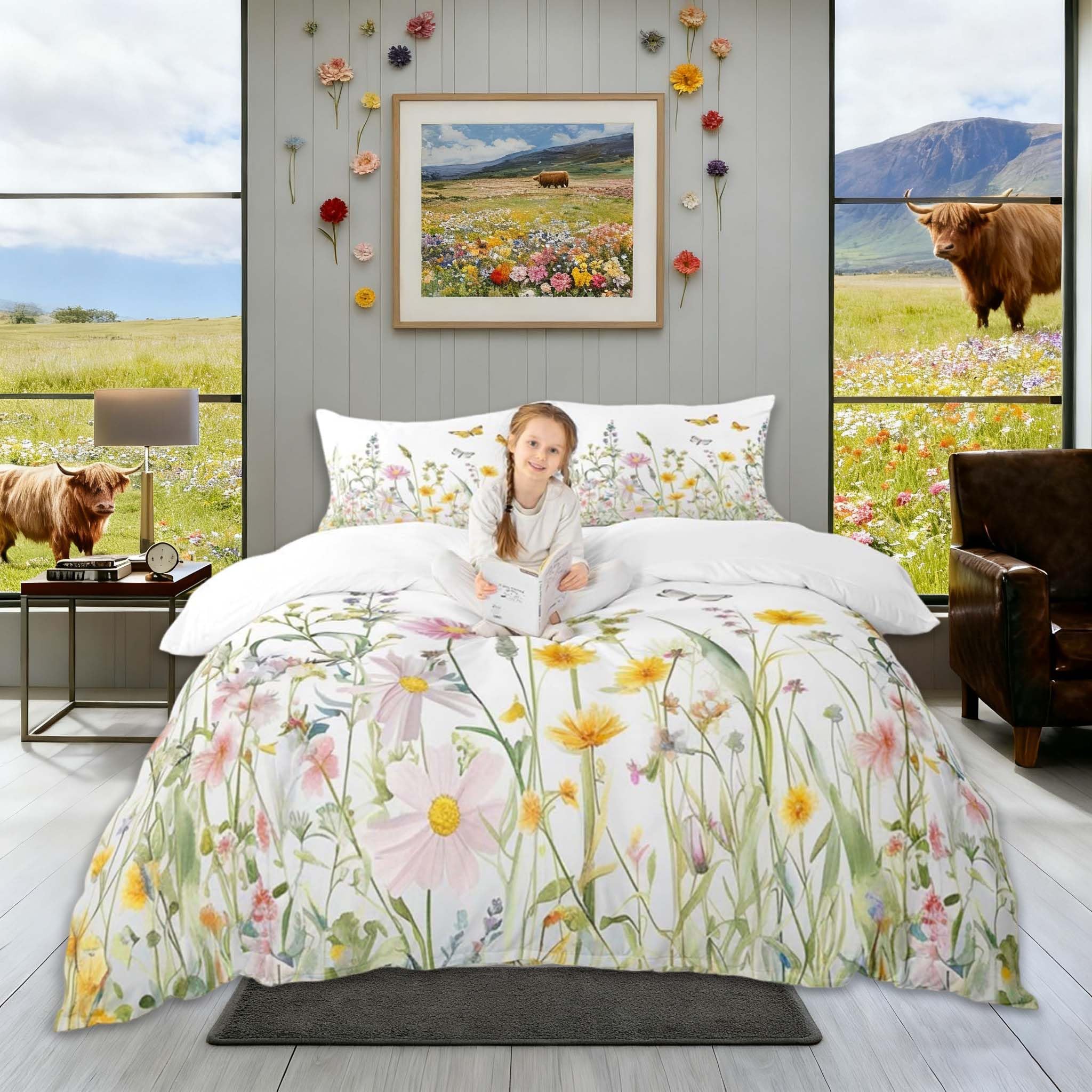 Homemissing Yellow Flowers Pattern Duvet Cover Set Super King Size for Girls Adults Women Kids Butterflies Print Bedding Set Garden Flower Comforter Cover with 2 Pillowcases Nature Theme Zipper — image 1