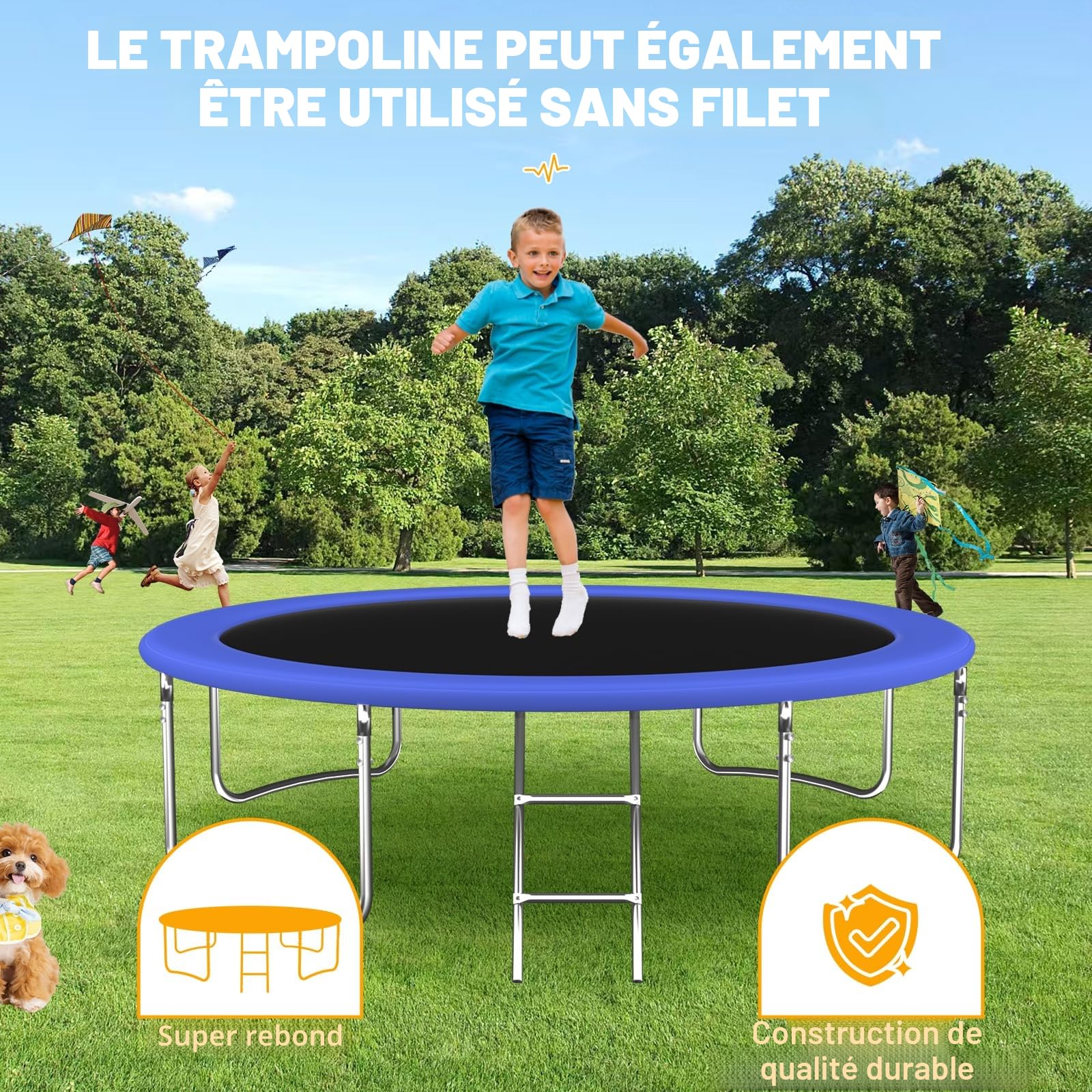 Trampoline d'extérieur 305/366 cm avec panier de basket-ball, échelle et revêtement antirouille - Charge maximale 200/272 kg