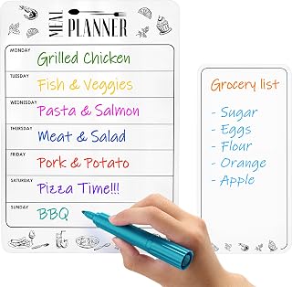 Dry Erase Magnetic Meal Planner (A4 Size) & Magnetic Grocery List for Fridge - White