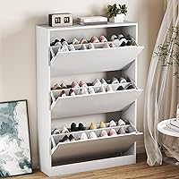 BORNOON Hidden Shoe Cabinet with 3 Flip Drawers - Slim Freestanding Entryway Storage for 18-24 Pairs, White 47.2"H x 31.5"W