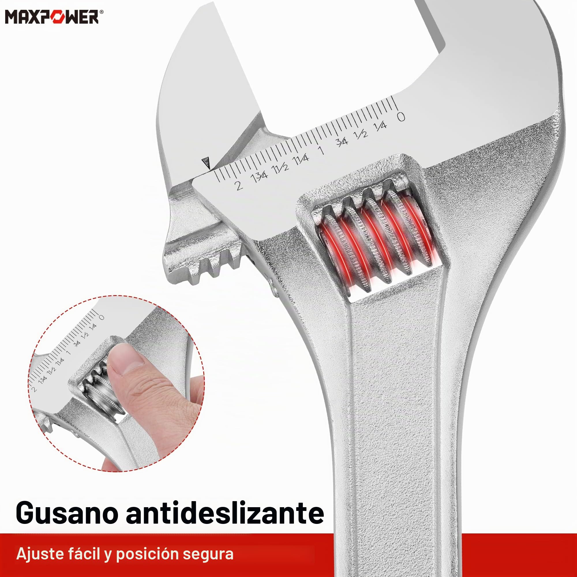 MaxPower Llave Inglesa Ajustable 18” (450mm), Acero Cr-V, Aprtura 55mm, Escala Métrica y SAE para Fontanería