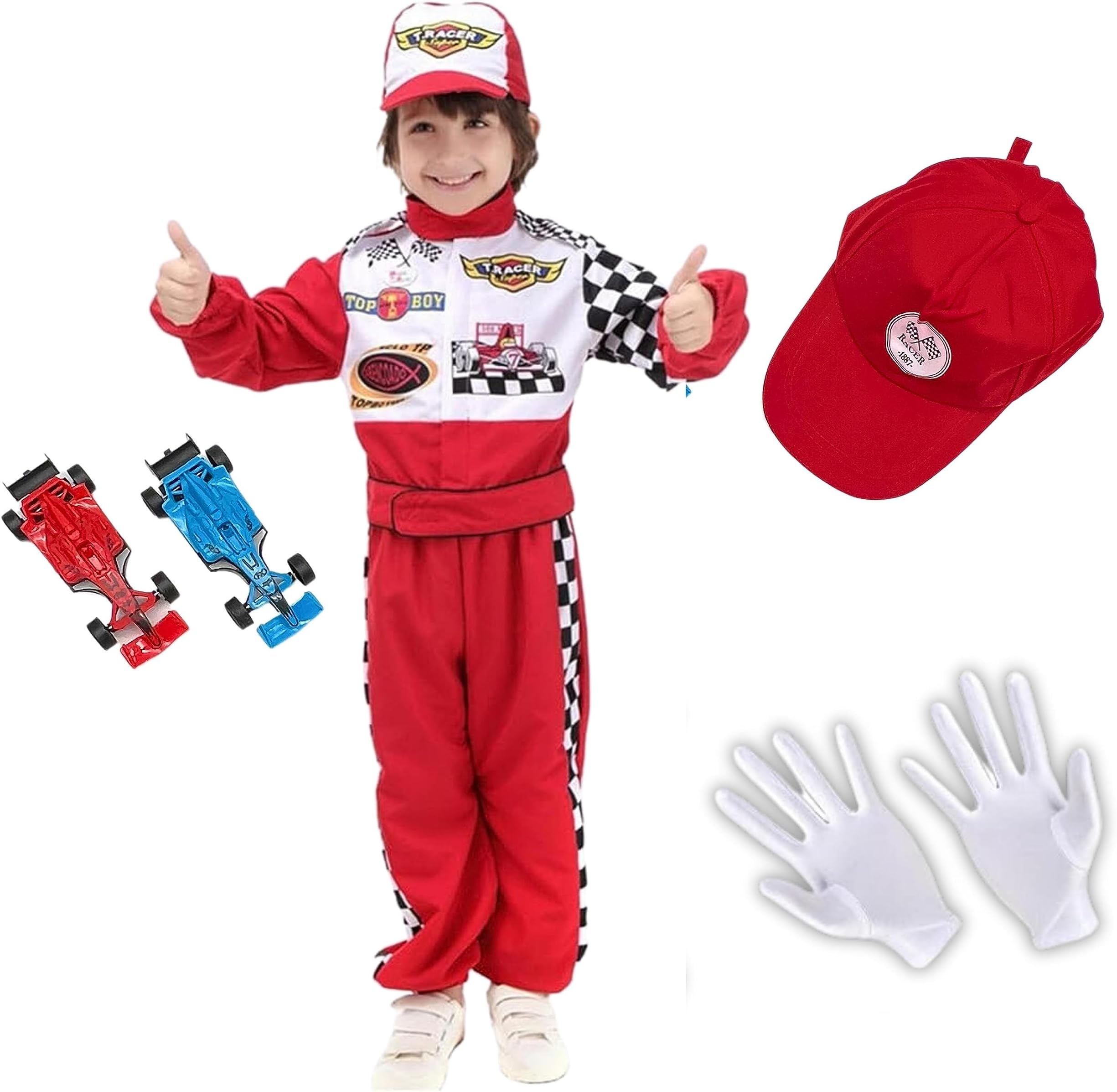 FITTO Kids Halloween Racer Cosplay Red Race Car Driver Uniform Costume Set, One Size